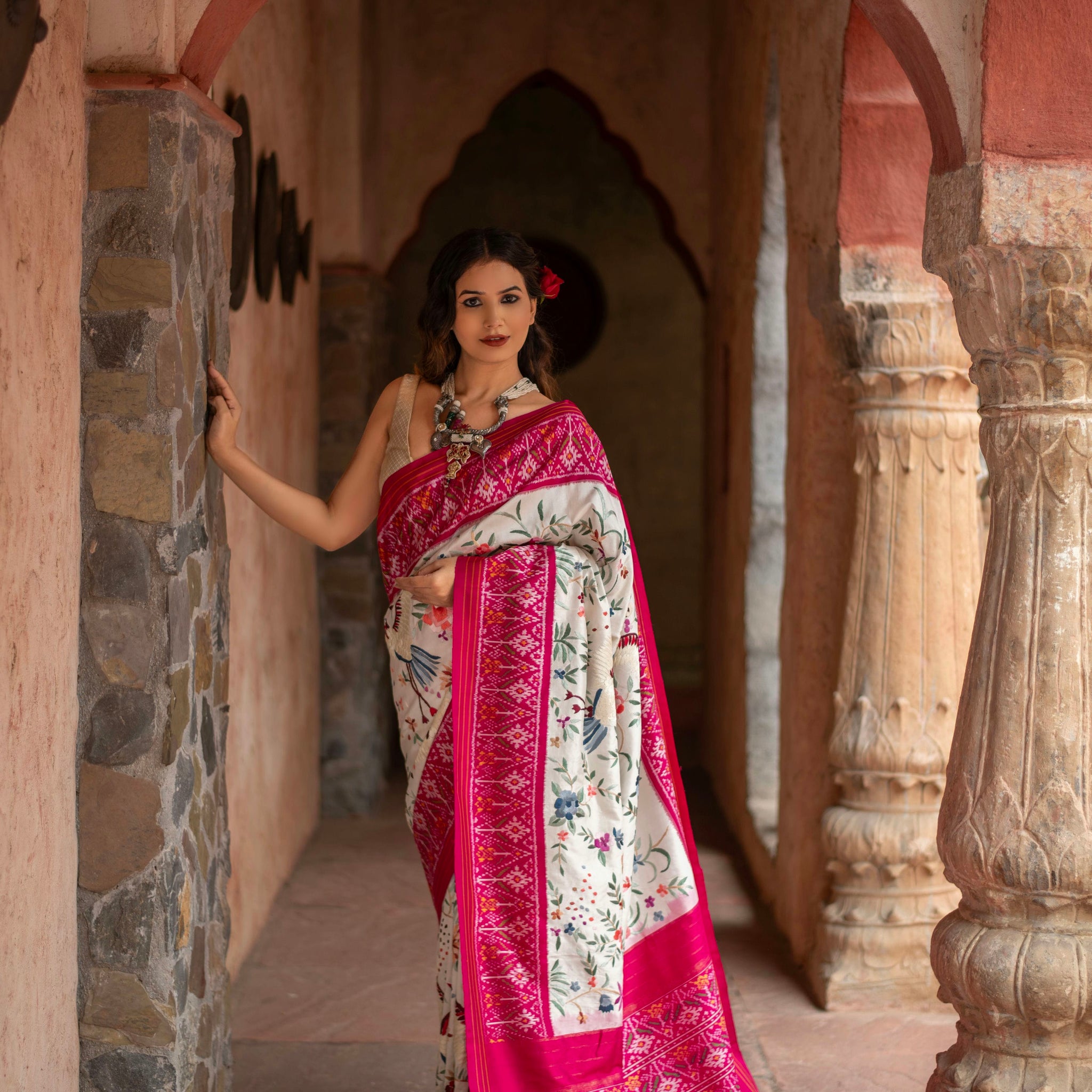 Twill Ikkat Saree with Hand-Embroidered Parsi Gara