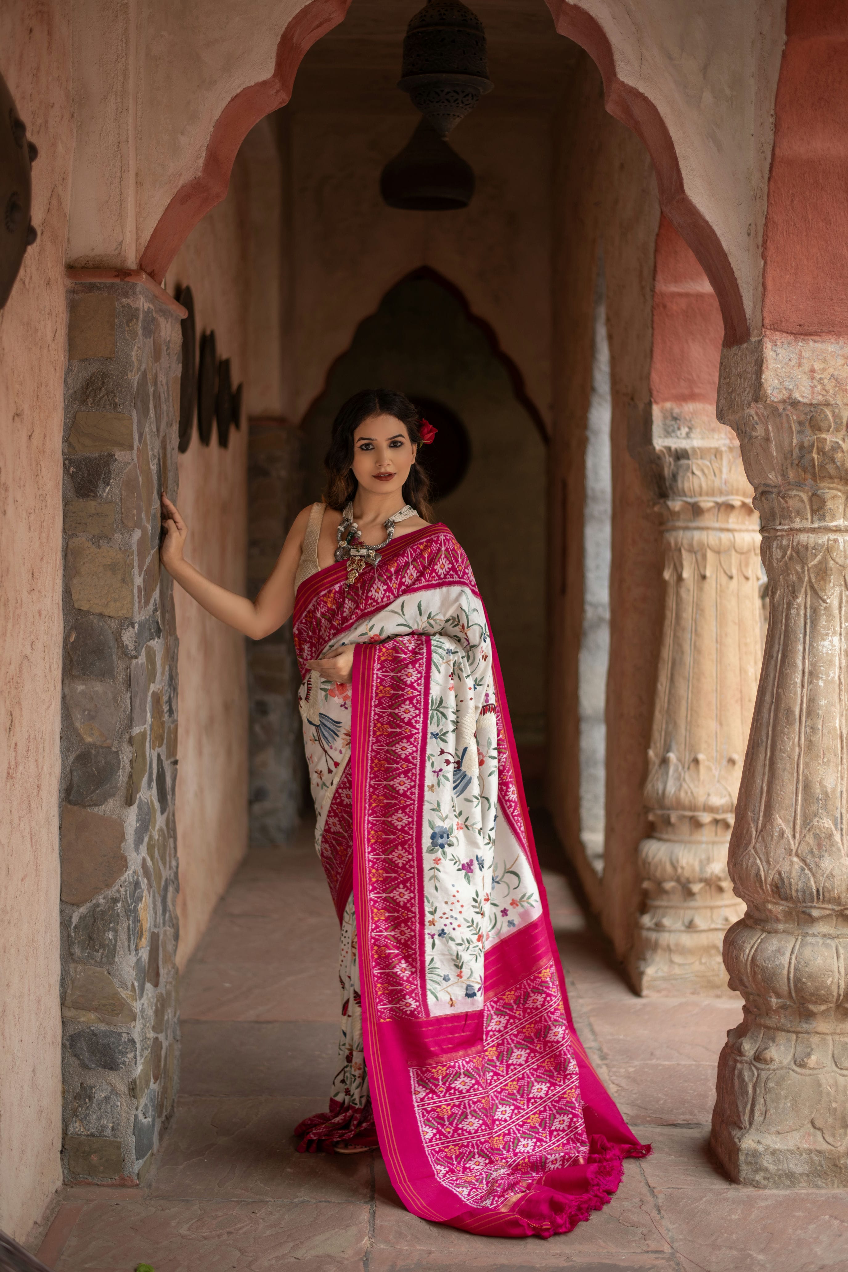 Twill Ikkat Saree with Hand-Embroidered Parsi Gara