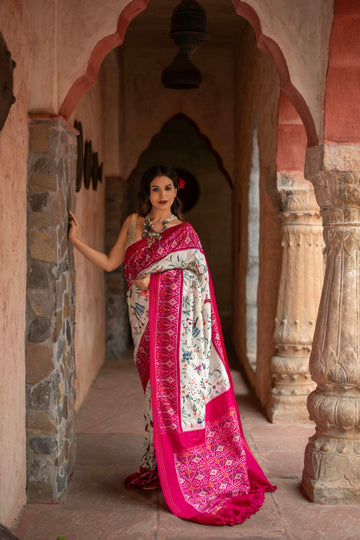 Twill Ikkat Saree with Hand-Embroidered Parsi Gara