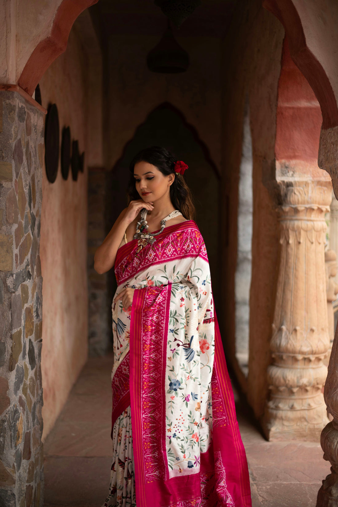 Twill Ikkat Saree with Hand-Embroidered Parsi Gara