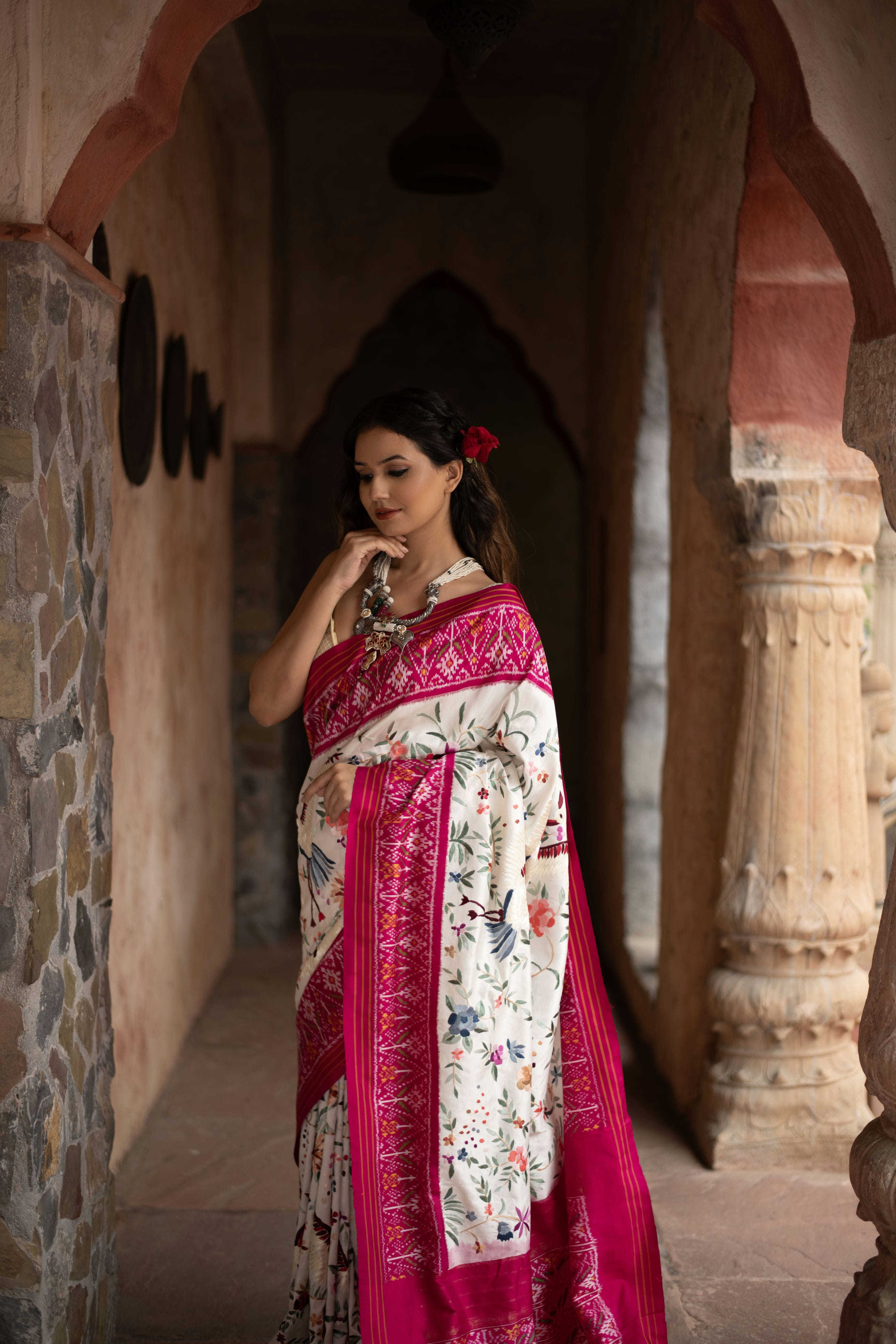 Twill Ikkat Saree with Hand-Embroidered Parsi Gara