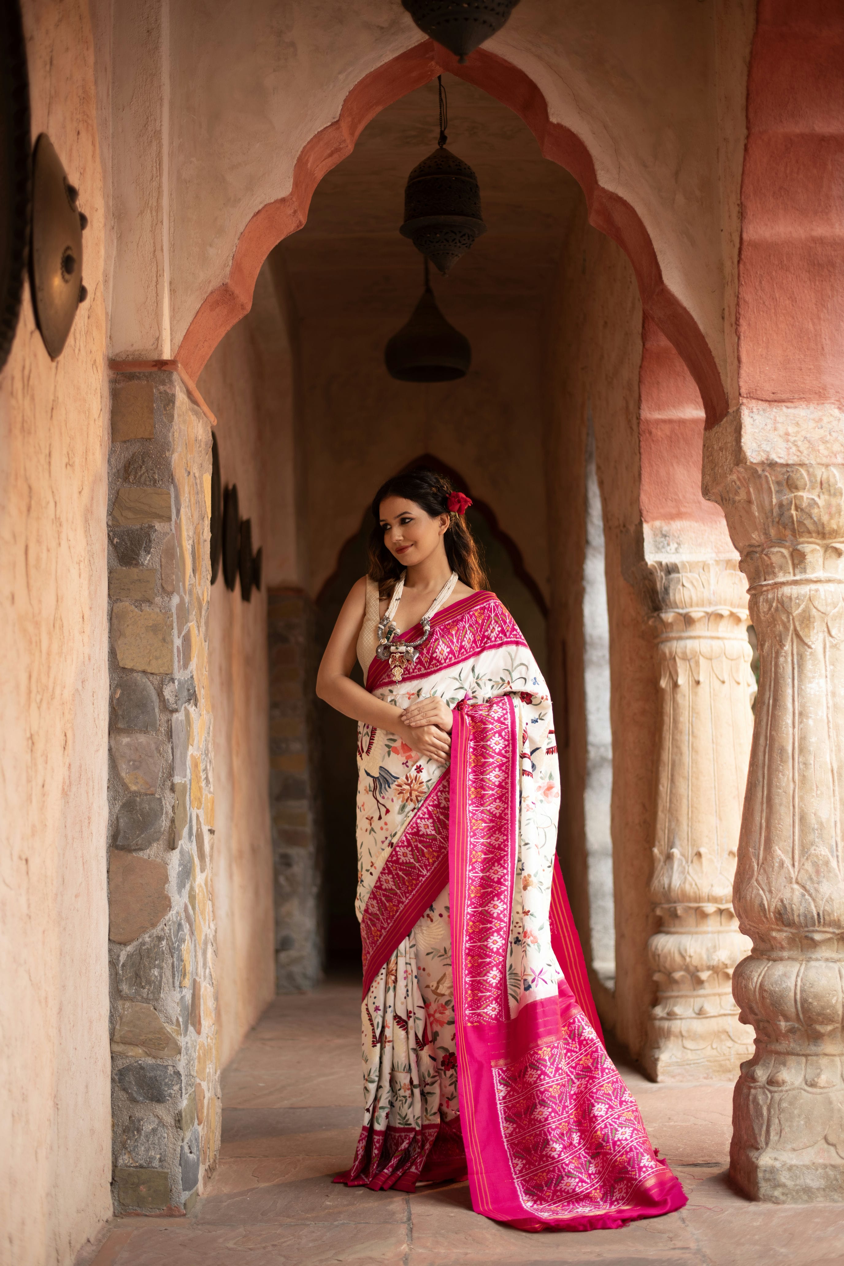 Twill Ikkat Saree with Hand-Embroidered Parsi Gara