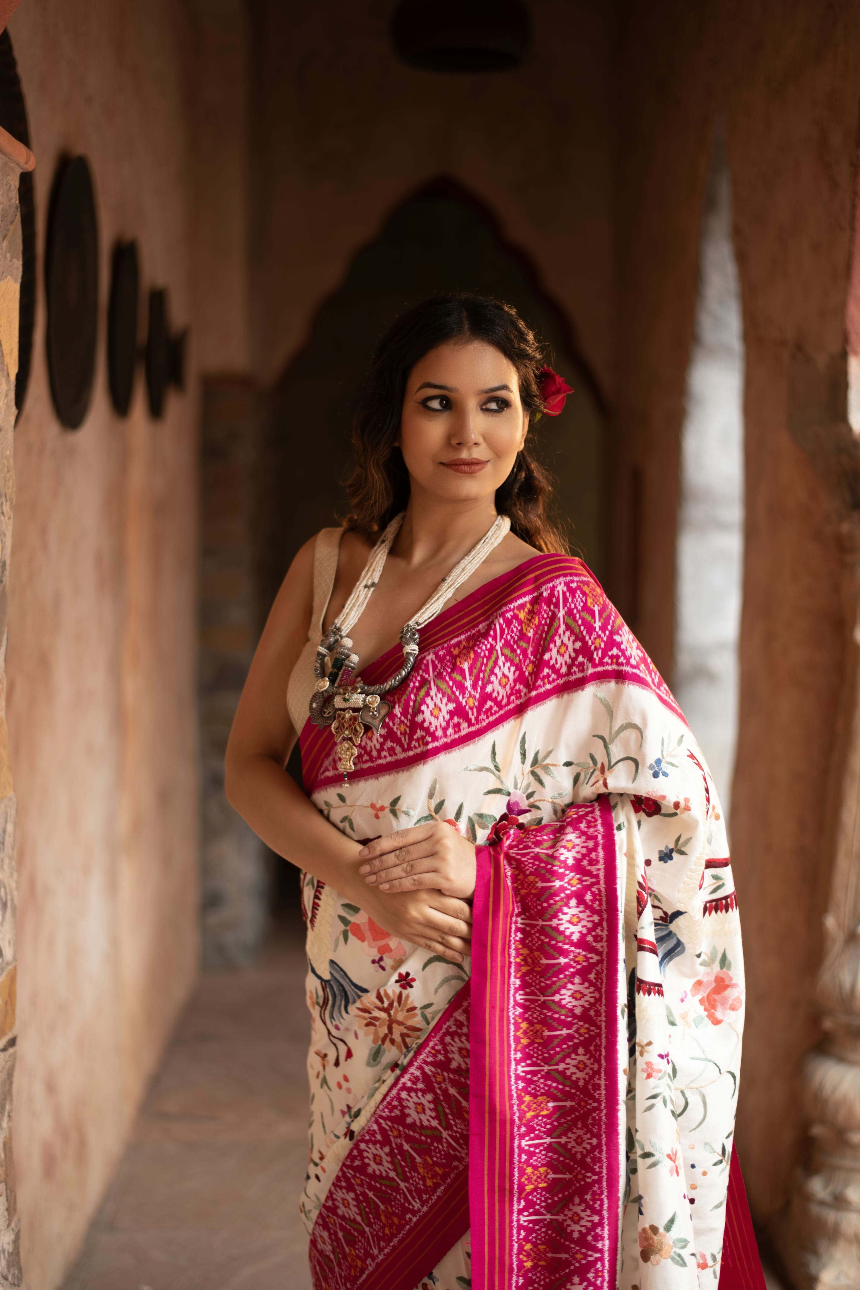 Twill Ikkat Saree with Hand-Embroidered Parsi Gara
