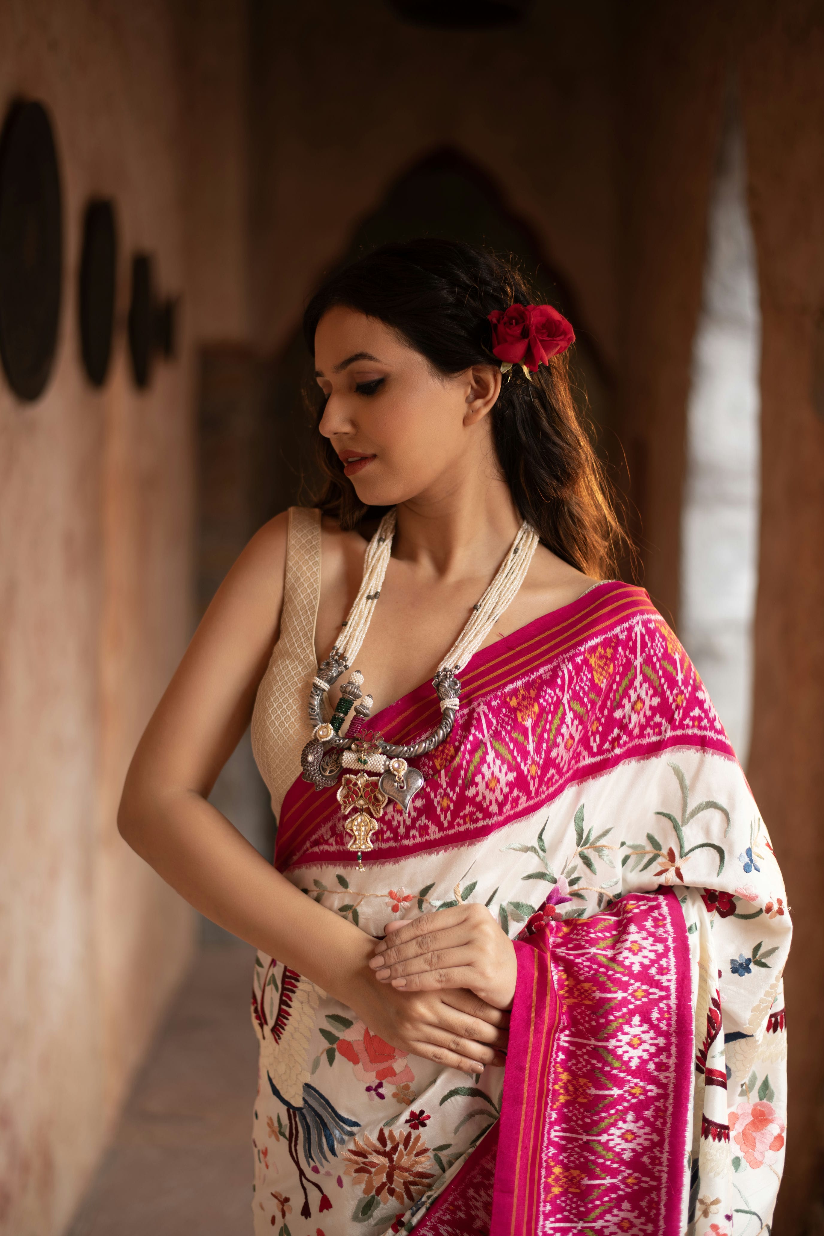 Twill Ikkat Saree with Hand-Embroidered Parsi Gara