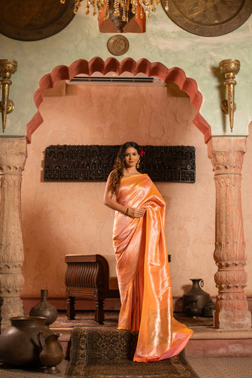 Peach Orange Two-Tone Katan Silk Saree with Lustrous Finish