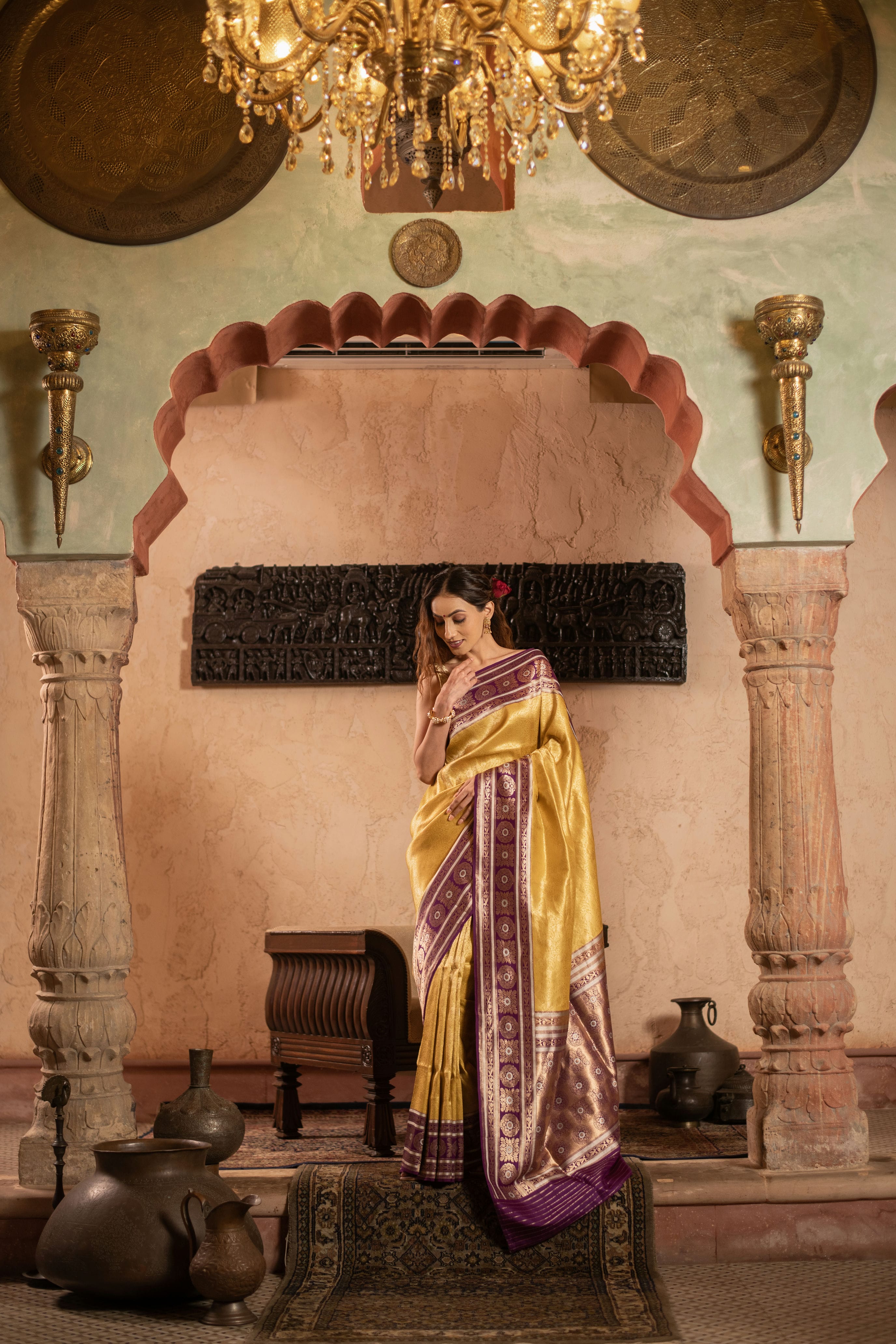 Soft Drape Katan Silk Brocade Saree with Contrast Vintage Revival Border