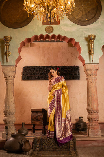 Soft Drape Katan Silk Brocade Saree with Contrast Vintage Revival Border