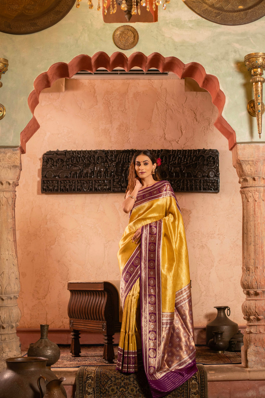 Soft Drape Katan Silk Brocade Saree with Contrast Vintage Revival Border