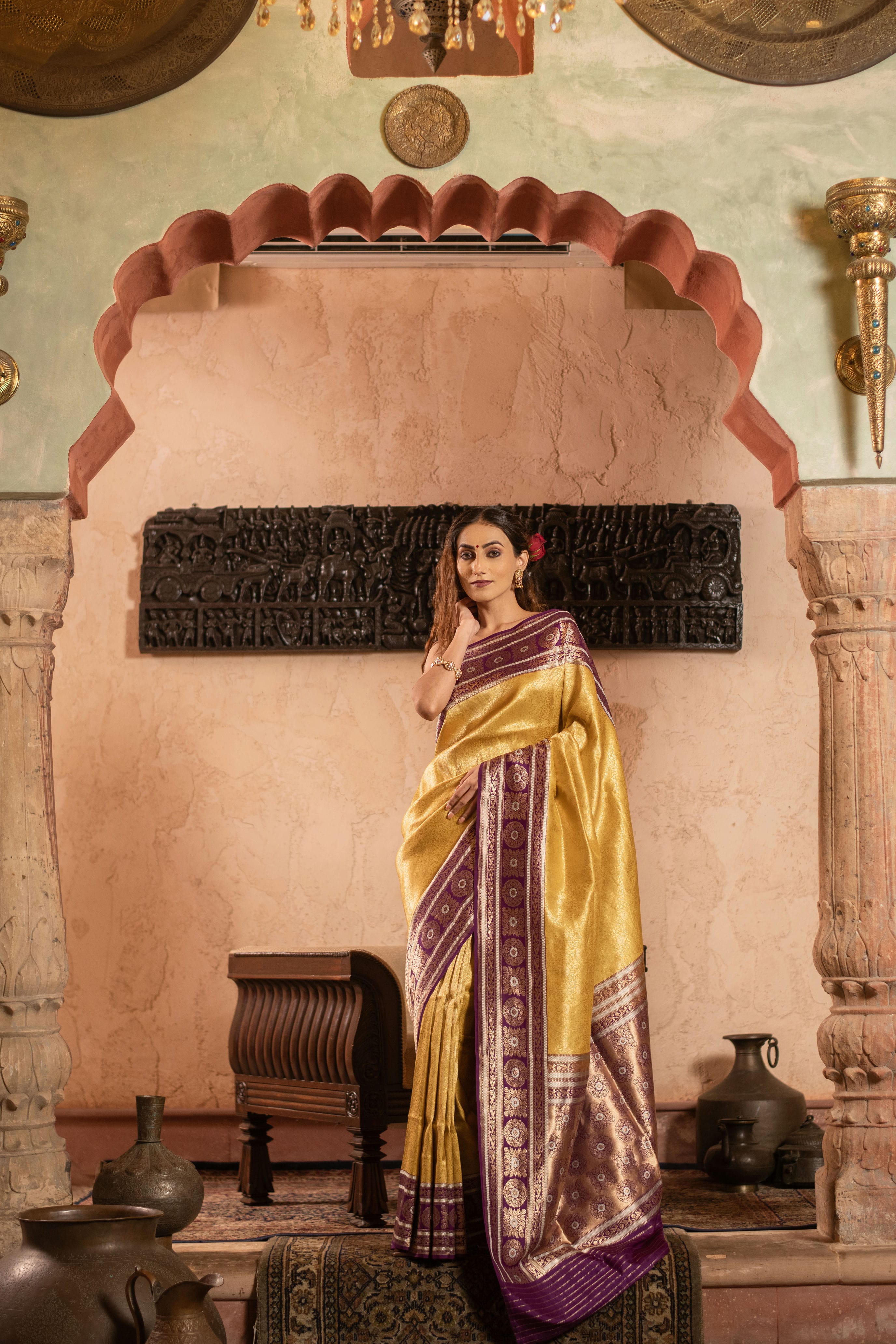 Soft Drape Katan Silk Brocade Saree with Contrast Vintage Revival Border