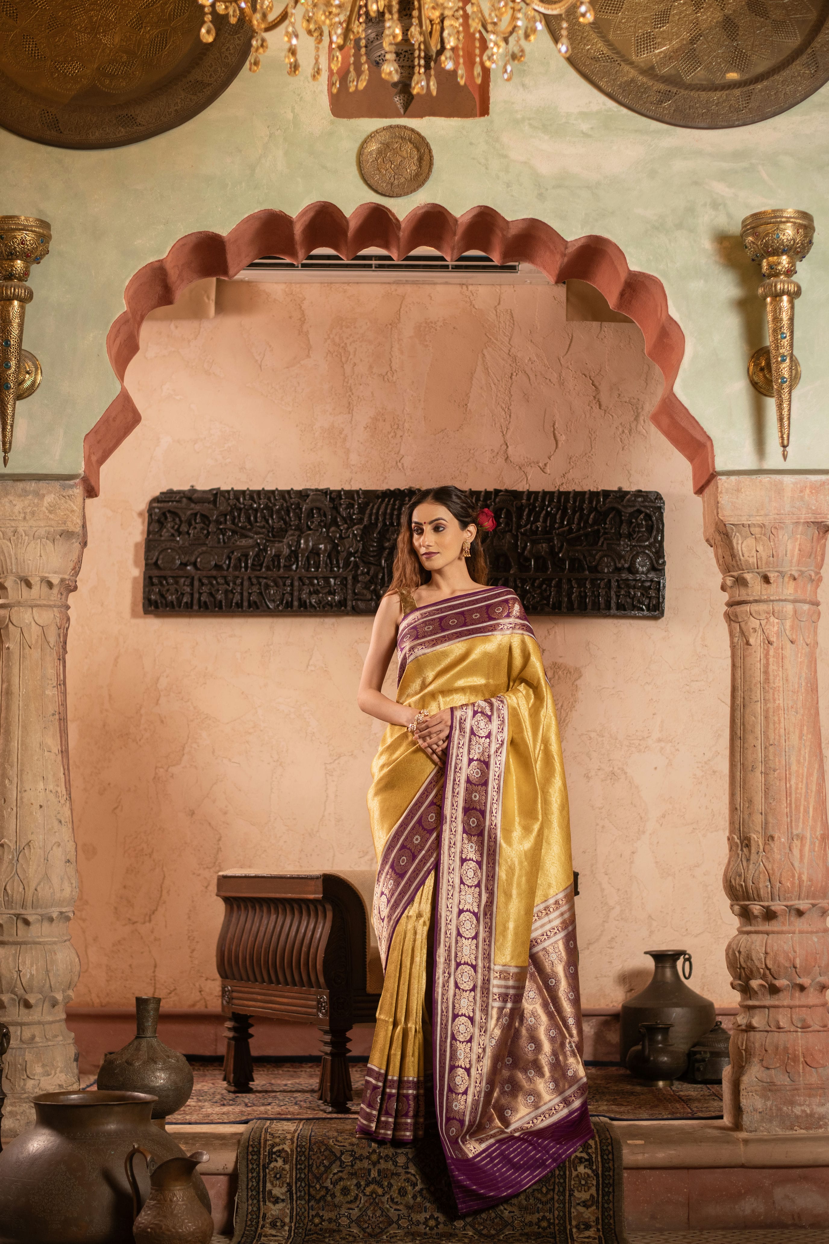 Soft Drape Katan Silk Brocade Saree with Contrast Vintage Revival Border