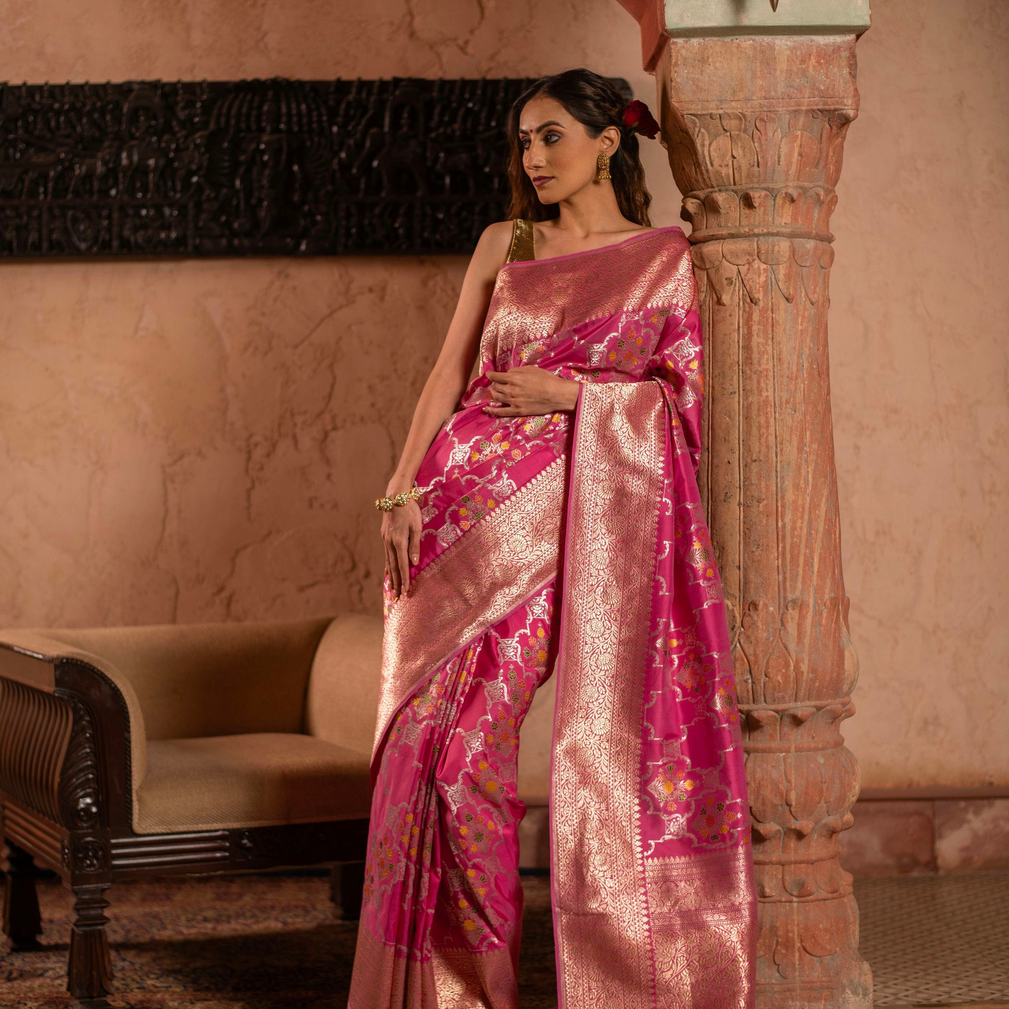 Rose Pink Meenakari Kadwa Jangla Banarasi Katan Silk Saree