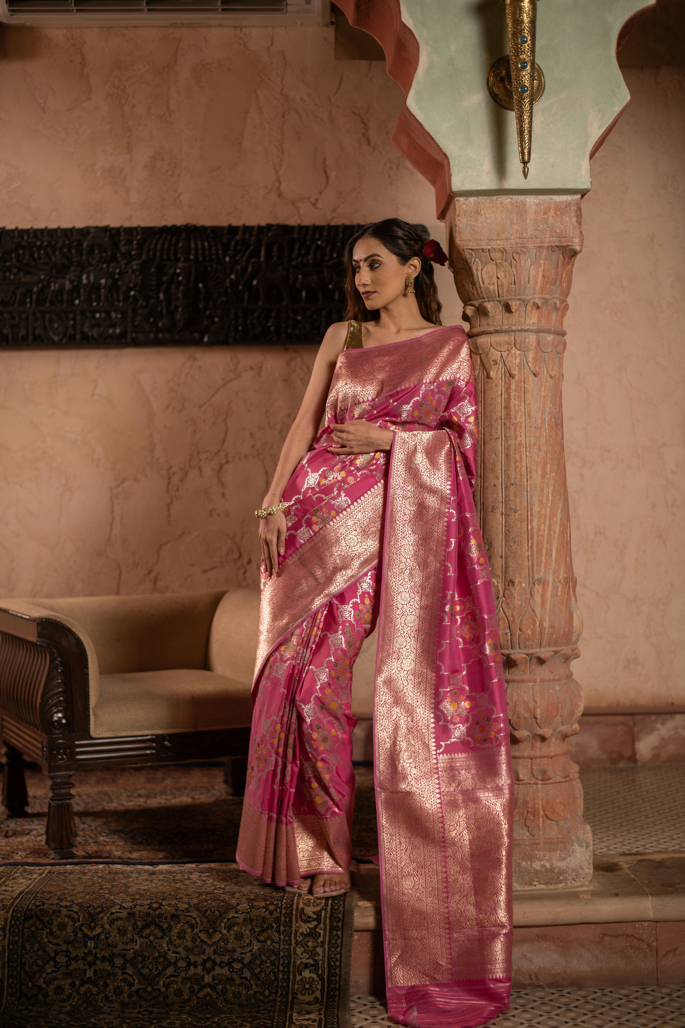 Rose Pink Meenakari Kadwa Jangla Banarasi Katan Silk Saree