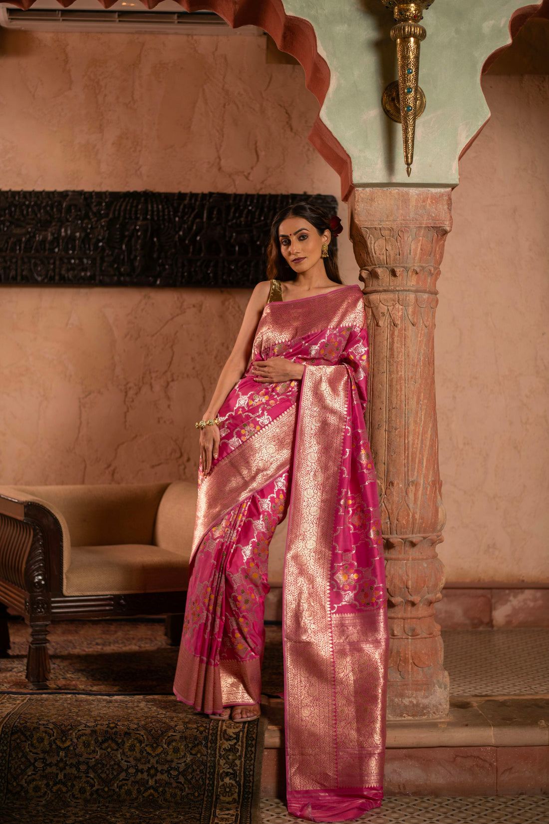 Rose Pink Meenakari Kadwa Jangla Banarasi Katan Silk Saree
