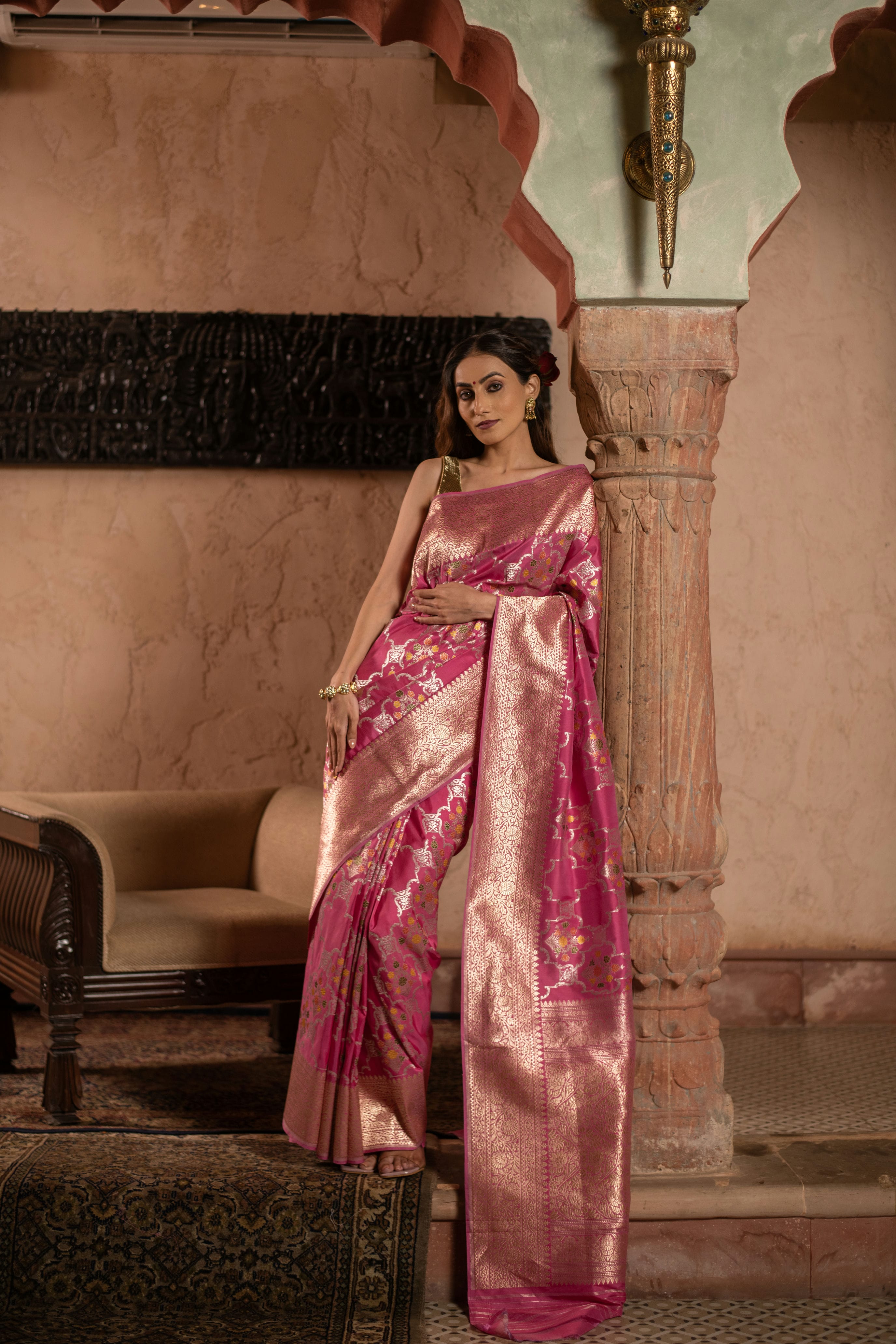Rose Pink Meenakari Kadwa Jangla Banarasi Katan Silk Saree