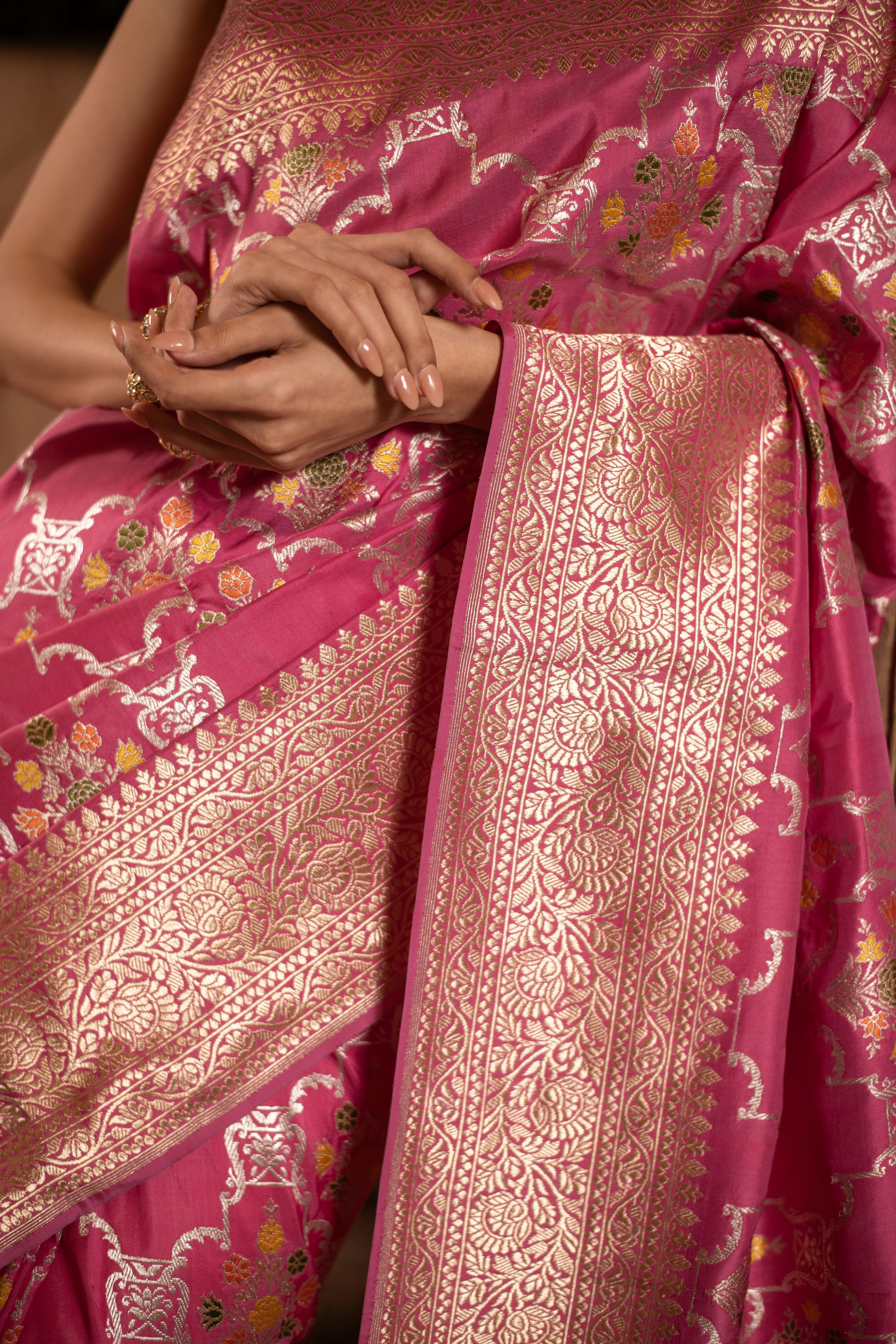 Rose Pink Meenakari Kadwa Jangla Banarasi Katan Silk Saree