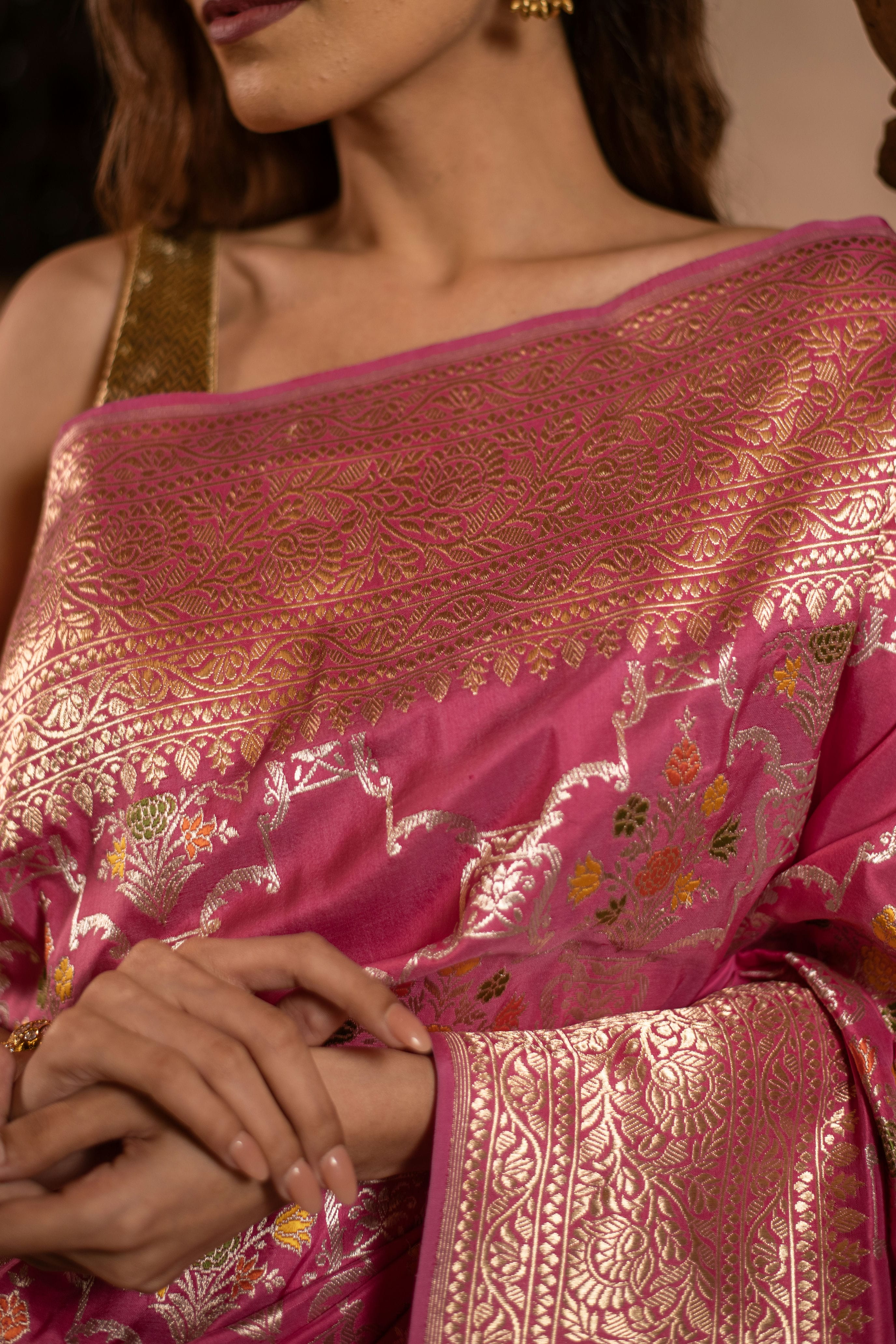 Rose Pink Meenakari Kadwa Jangla Banarasi Katan Silk Saree