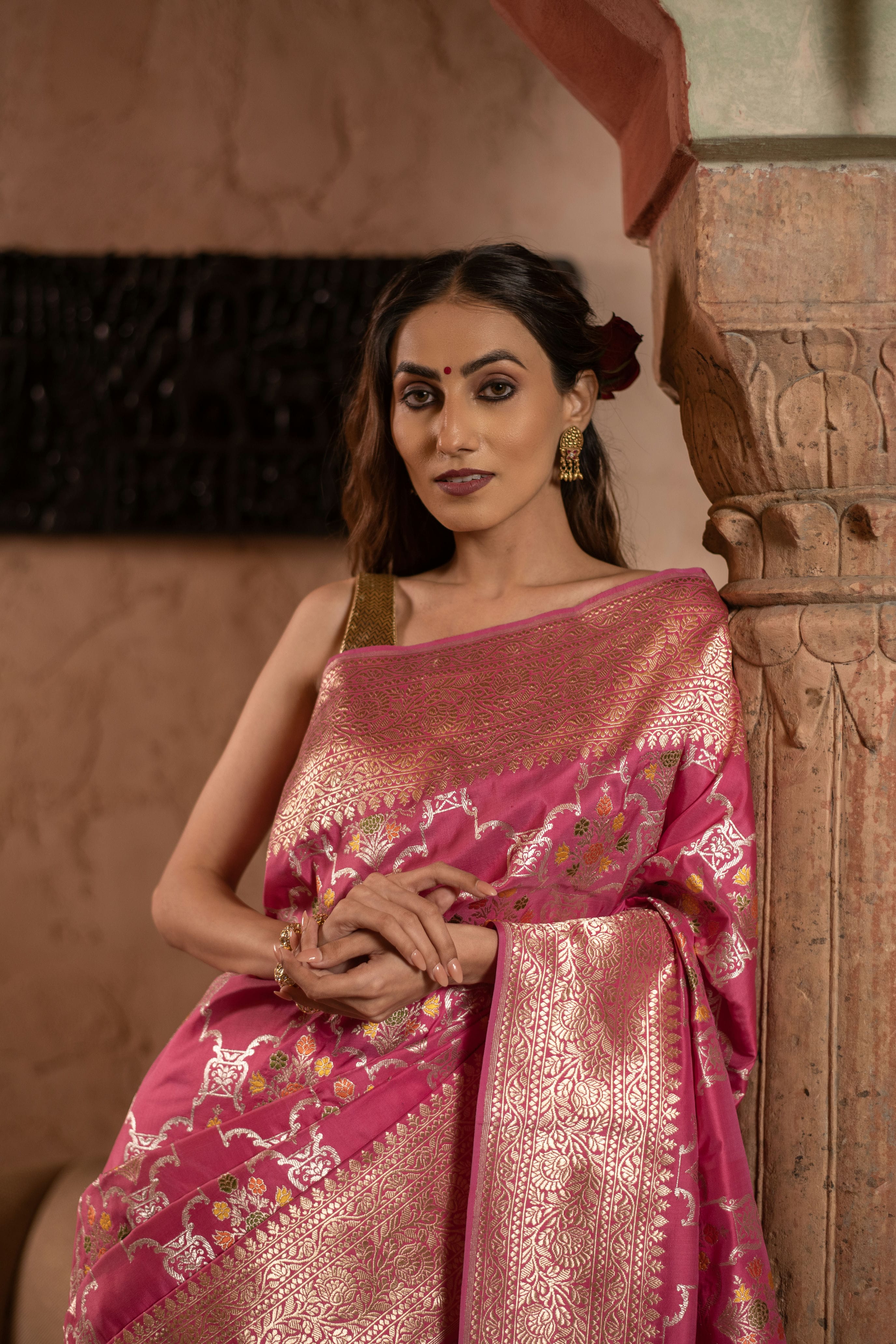 Rose Pink Meenakari Kadwa Jangla Banarasi Katan Silk Saree