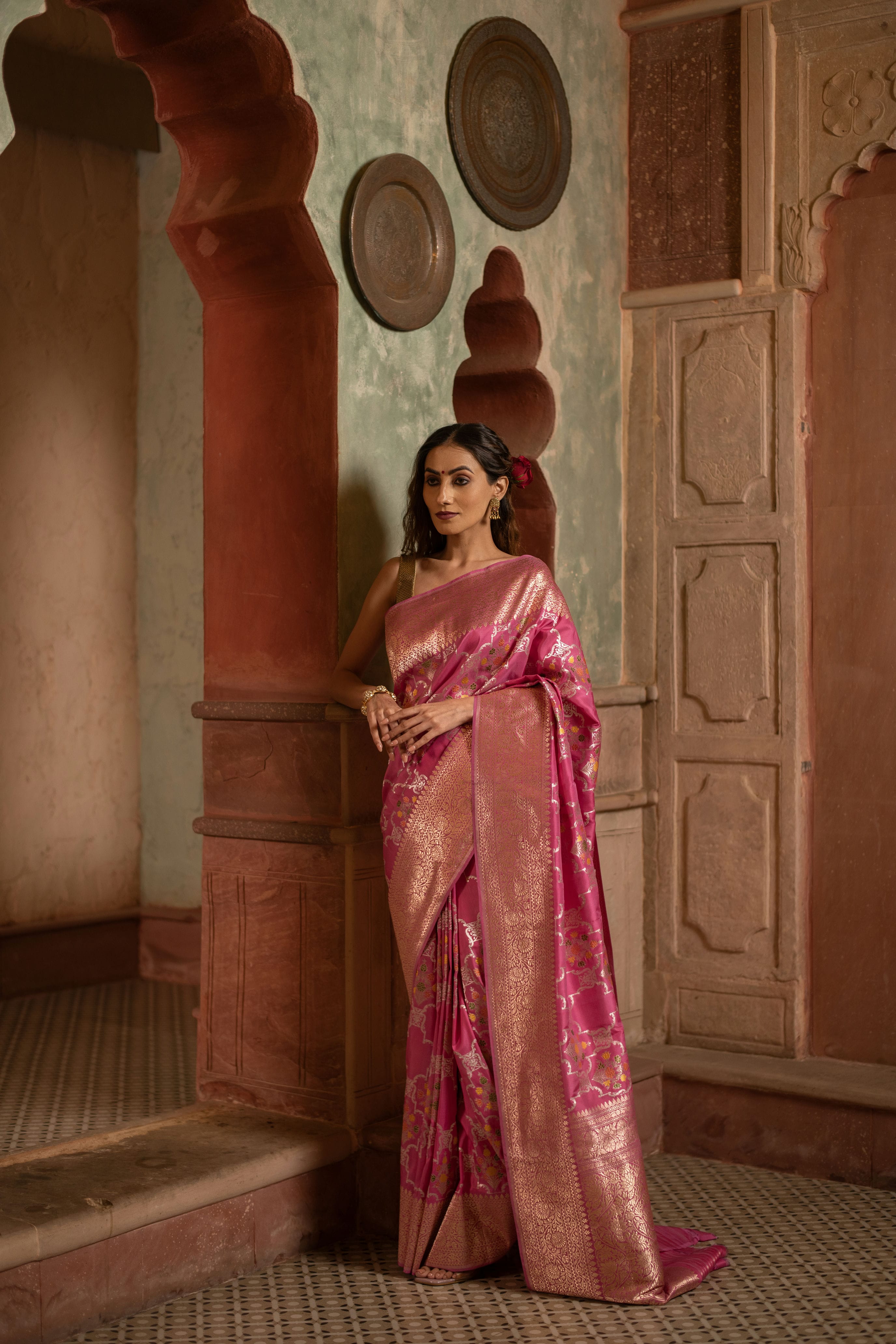 Rose Pink Meenakari Kadwa Jangla Banarasi Katan Silk Saree