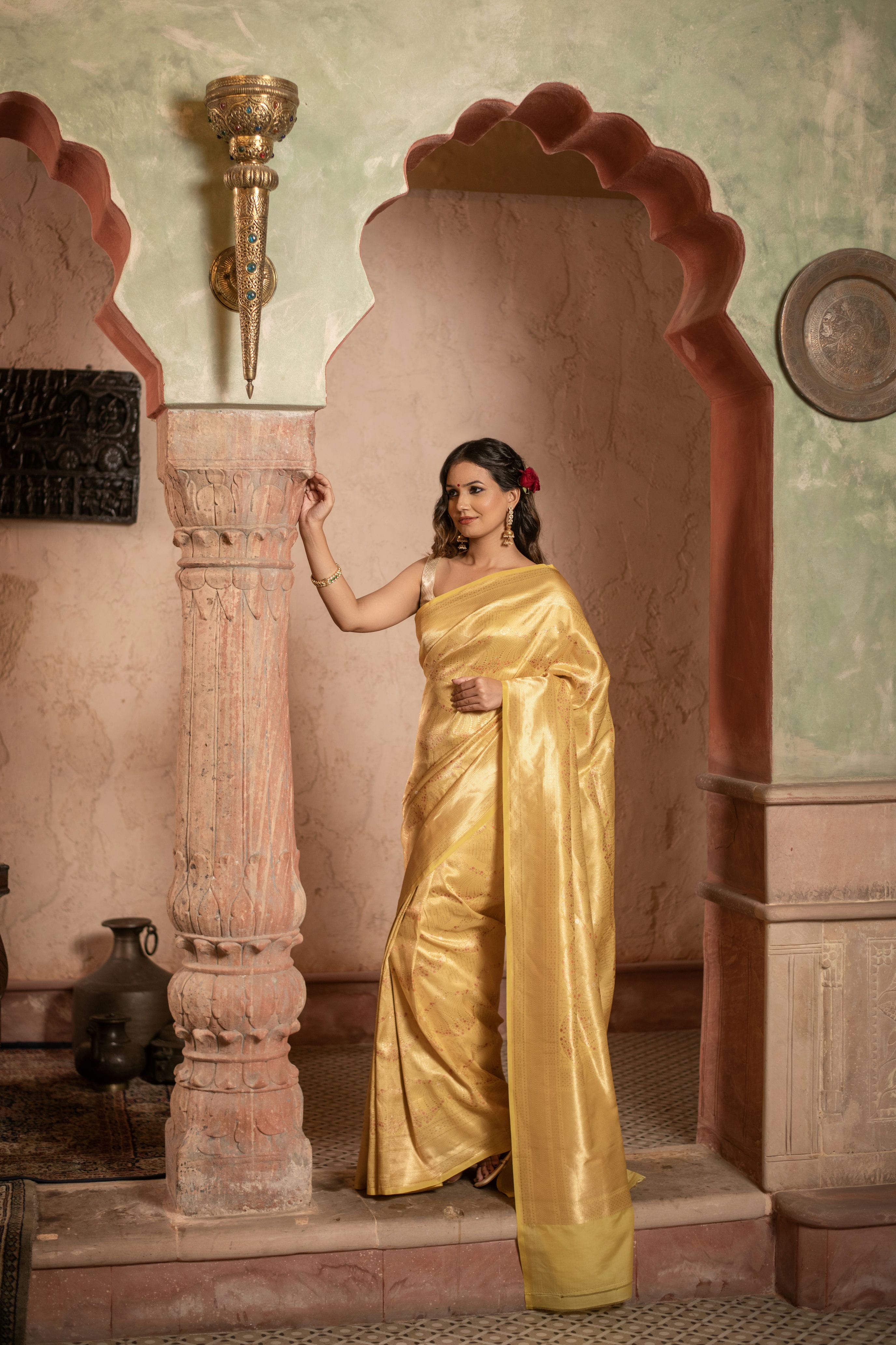 Sunny Yellow Katan Silk Saree with Elegant Allover Brocade Weave