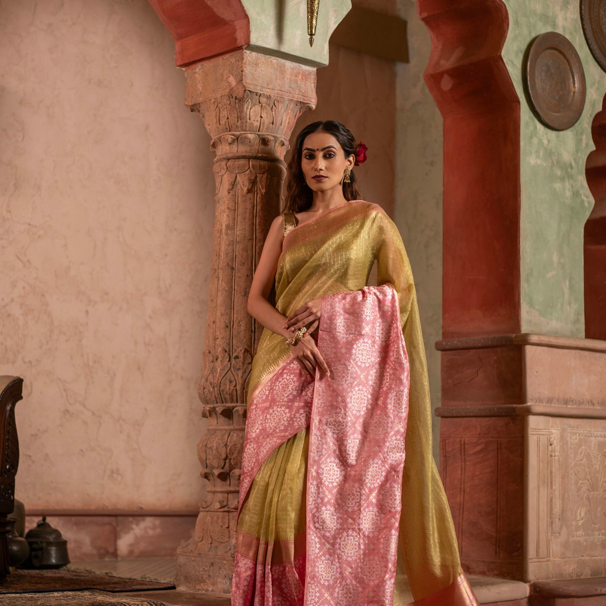 Checkered Kora Banarasi Saree with Patola-Inspired Contrast Silk Border