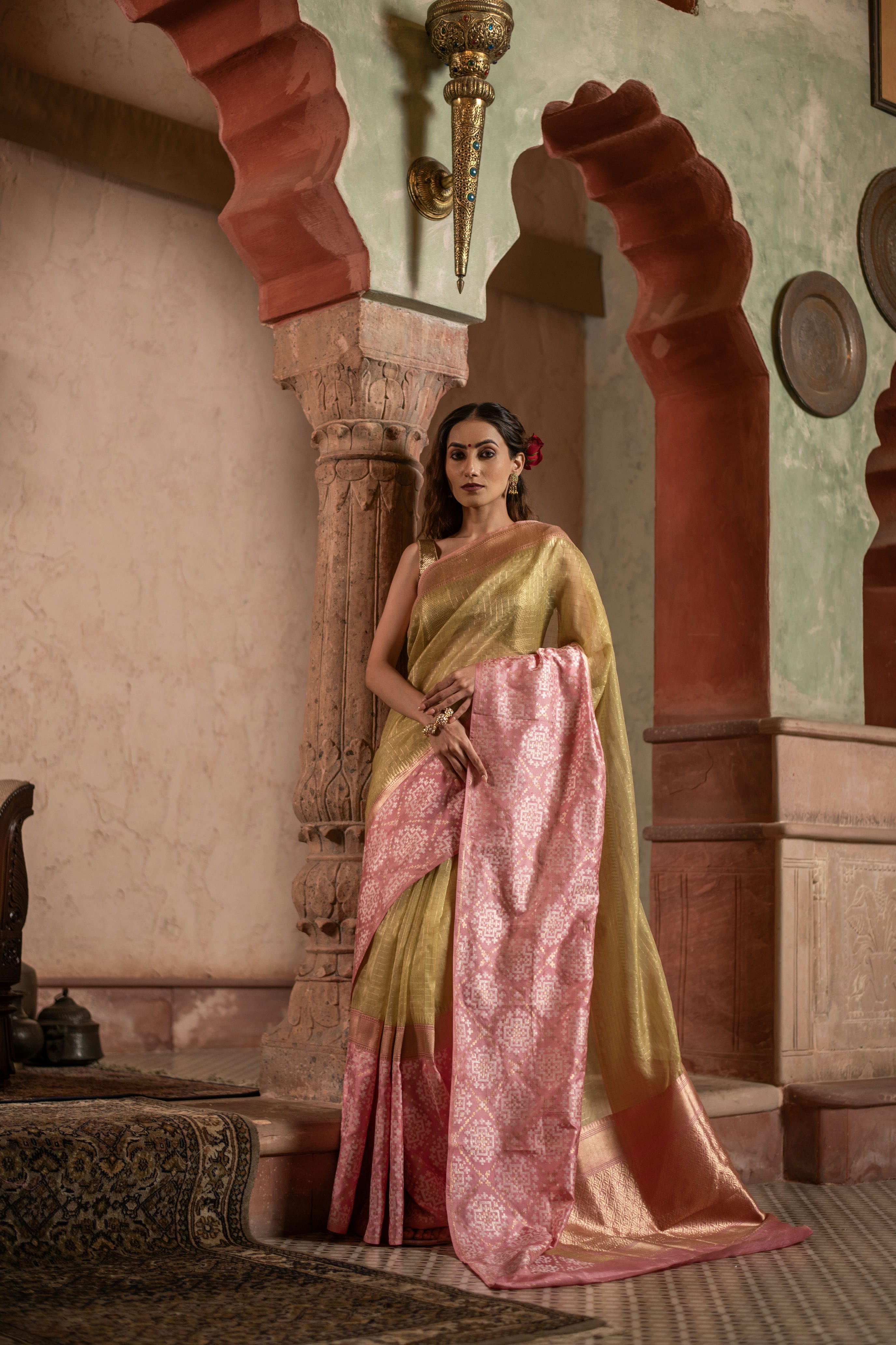 Checkered Kora Banarasi Saree with Patola-Inspired Contrast Silk Border