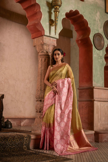 Checkered Kora Banarasi Saree with Patola-Inspired Contrast Silk Border