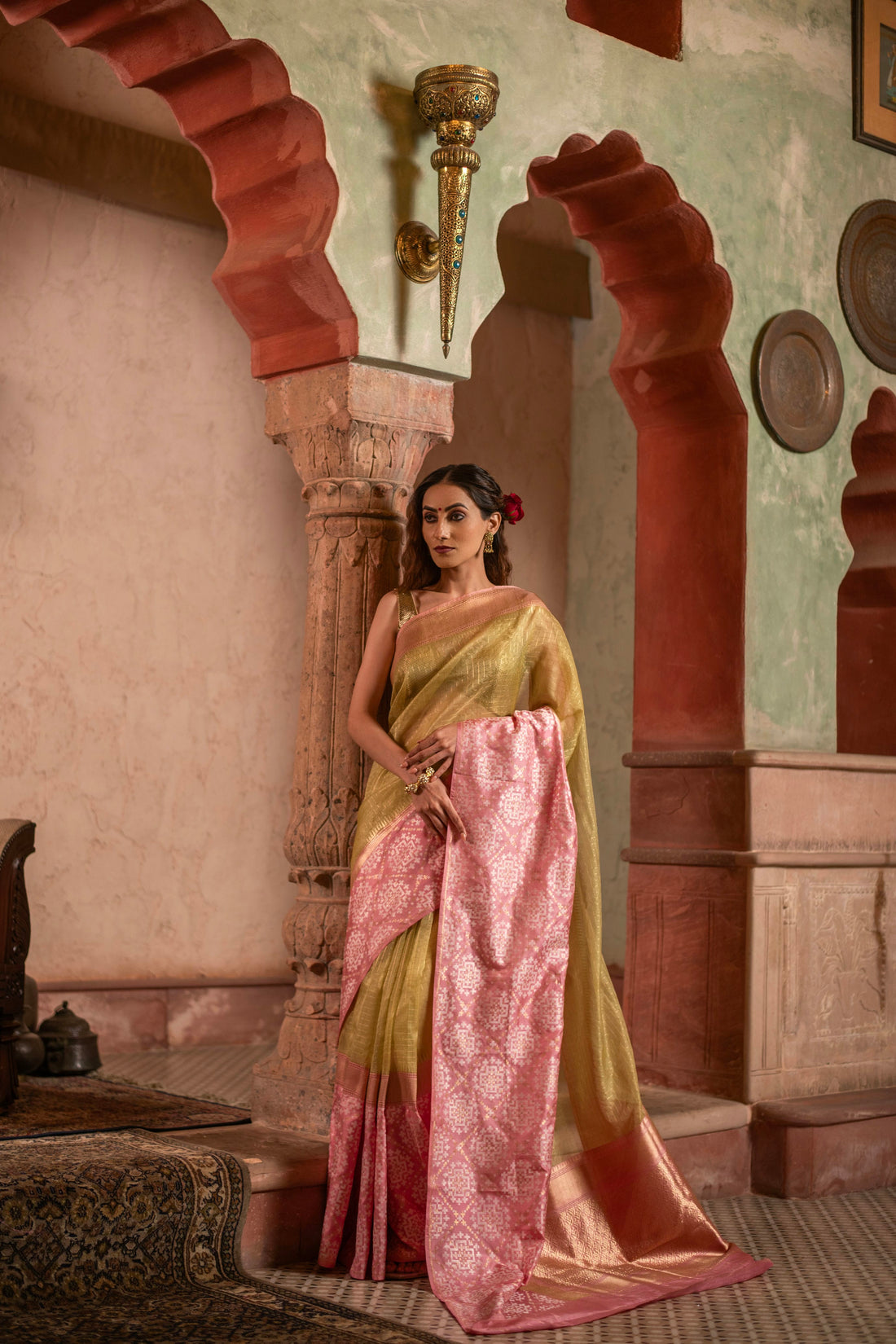 Checkered Kora Banarasi Saree with Patola-Inspired Contrast Silk Border