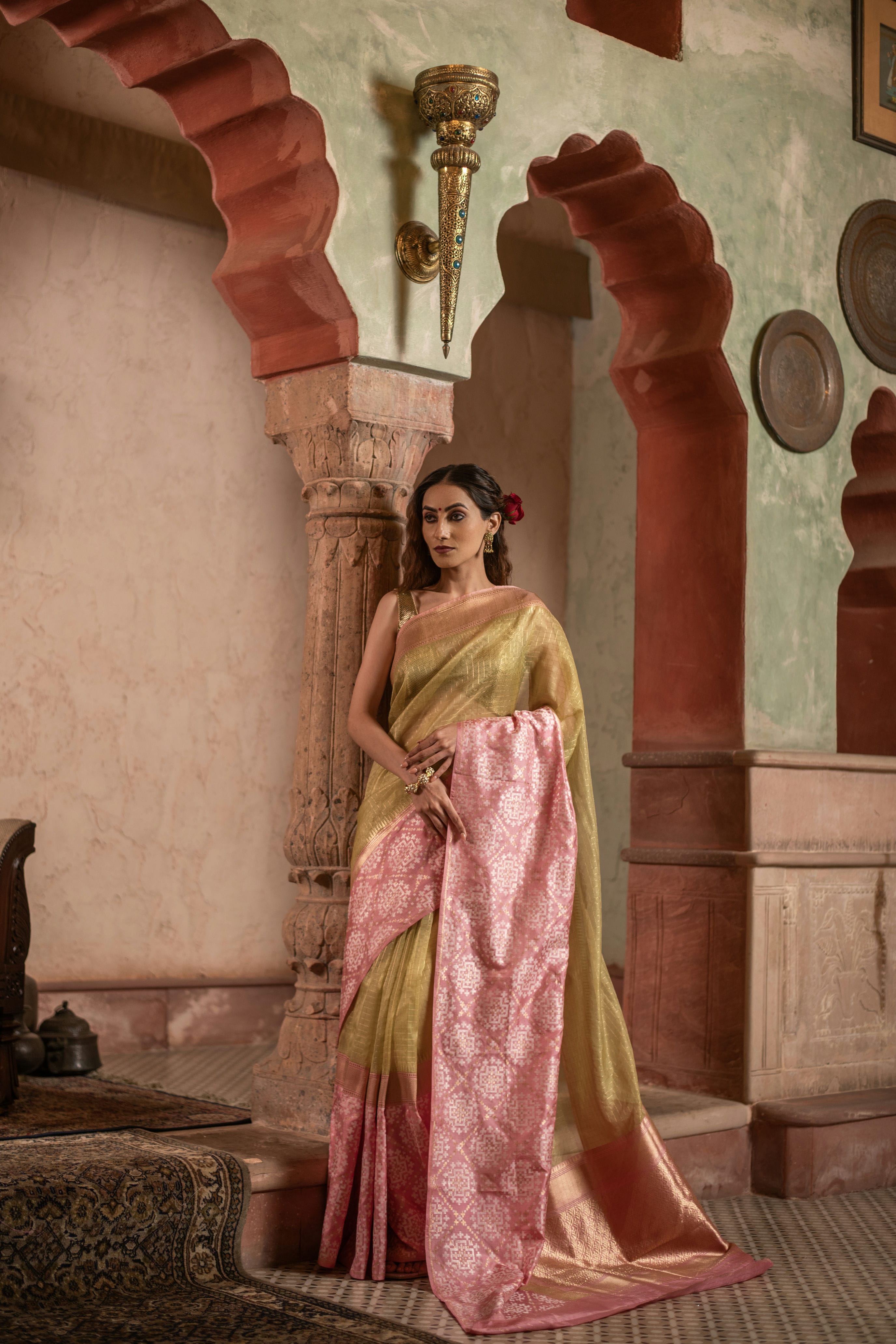 Checkered Kora Banarasi Saree with Patola-Inspired Contrast Silk Border