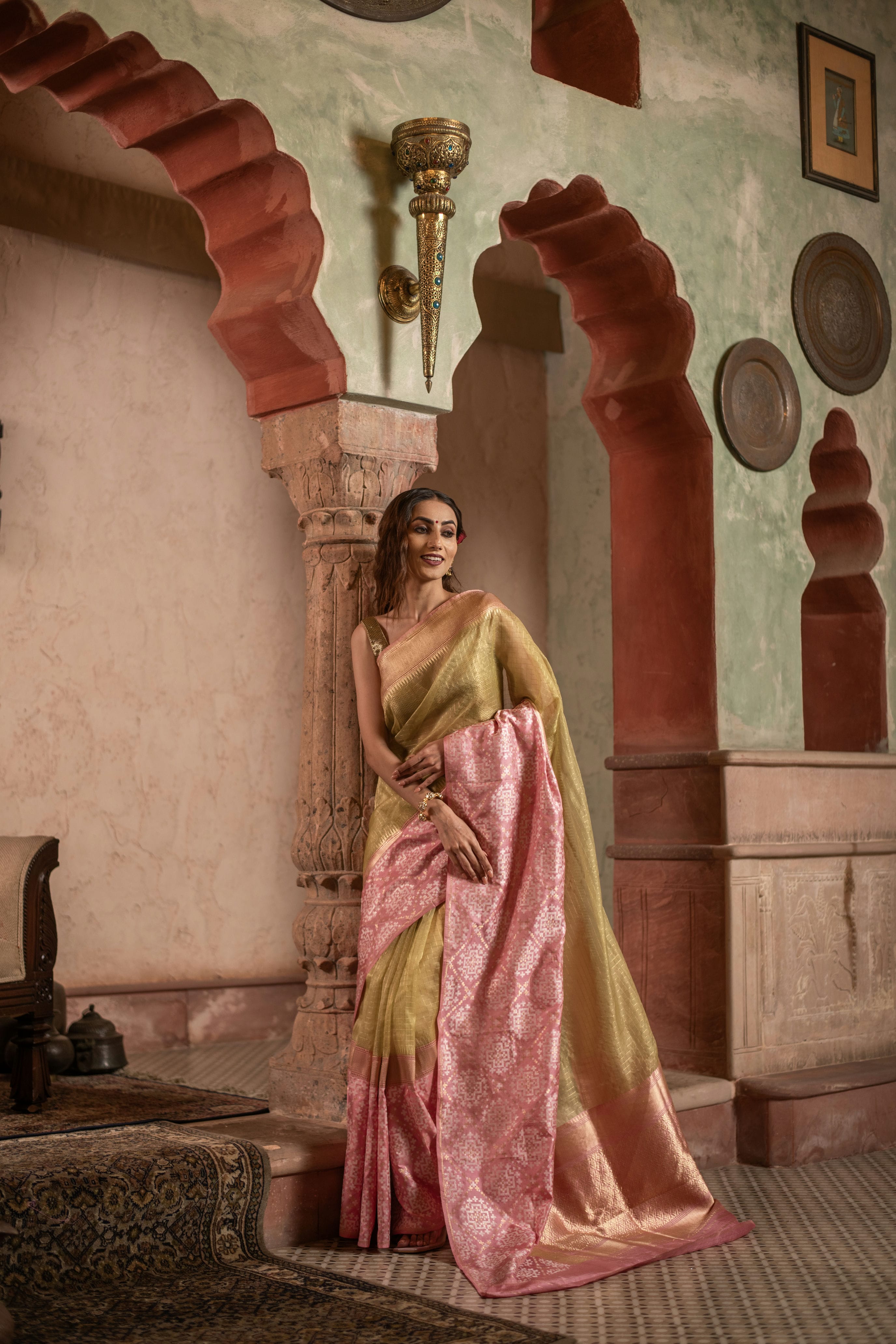 Checkered Kora Banarasi Saree with Patola-Inspired Contrast Silk Border