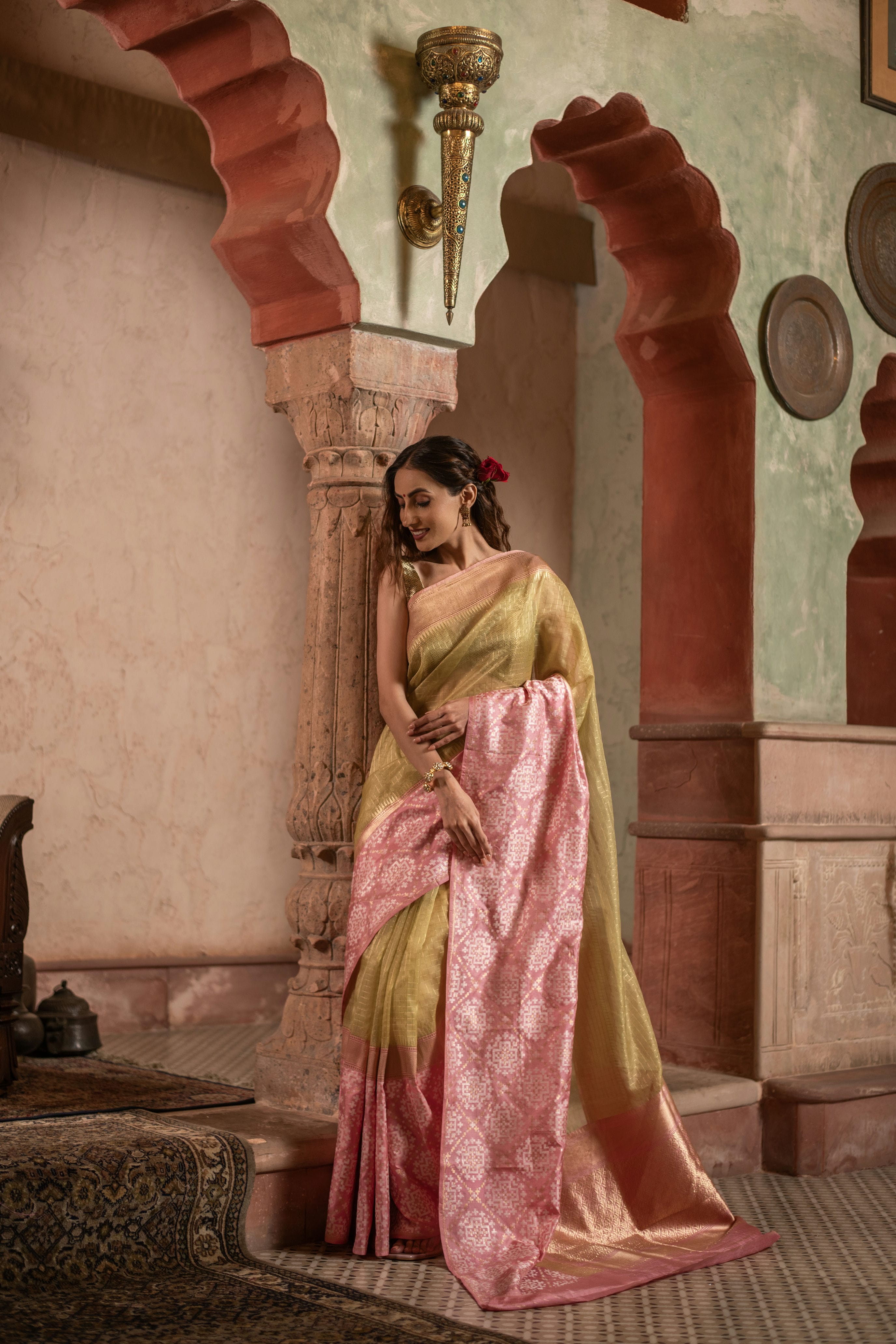 Checkered Kora Banarasi Saree with Patola-Inspired Contrast Silk Border