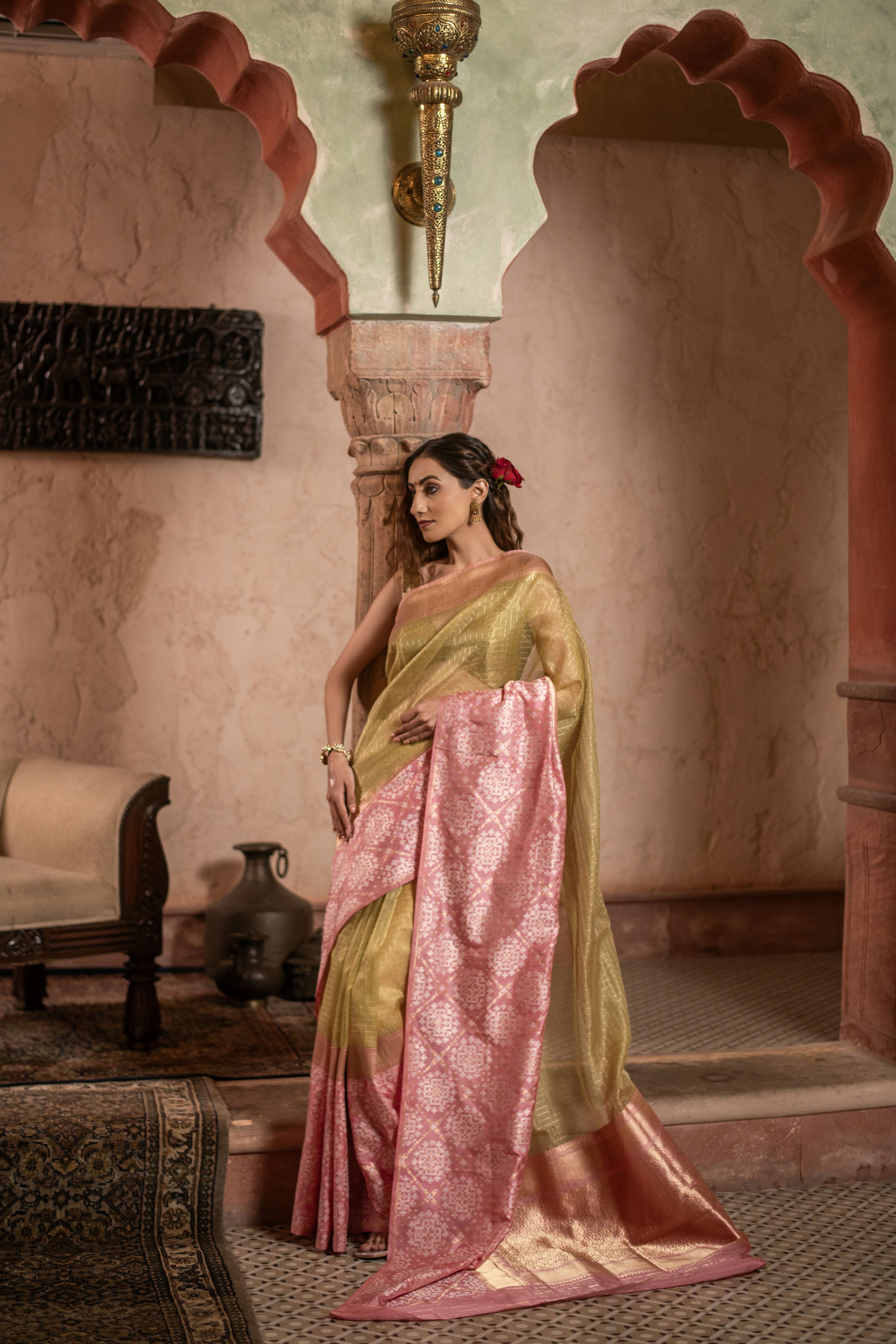 Checkered Kora Banarasi Saree with Patola-Inspired Contrast Silk Border