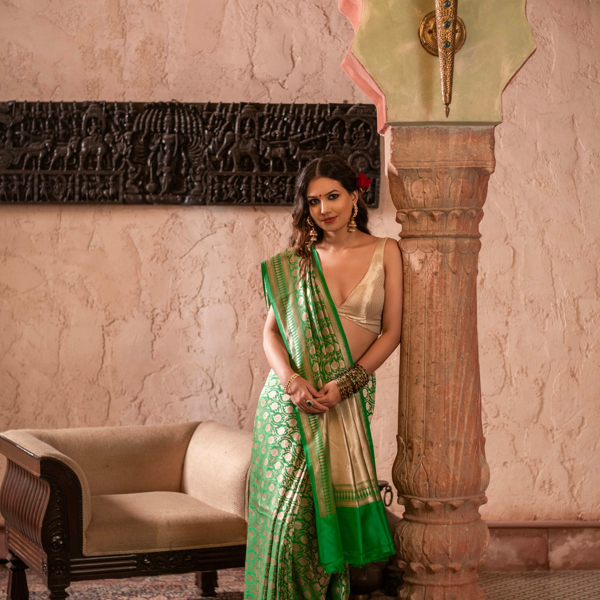 Bright Green Banarasi Silk Saree in Allover Kadwa Weave