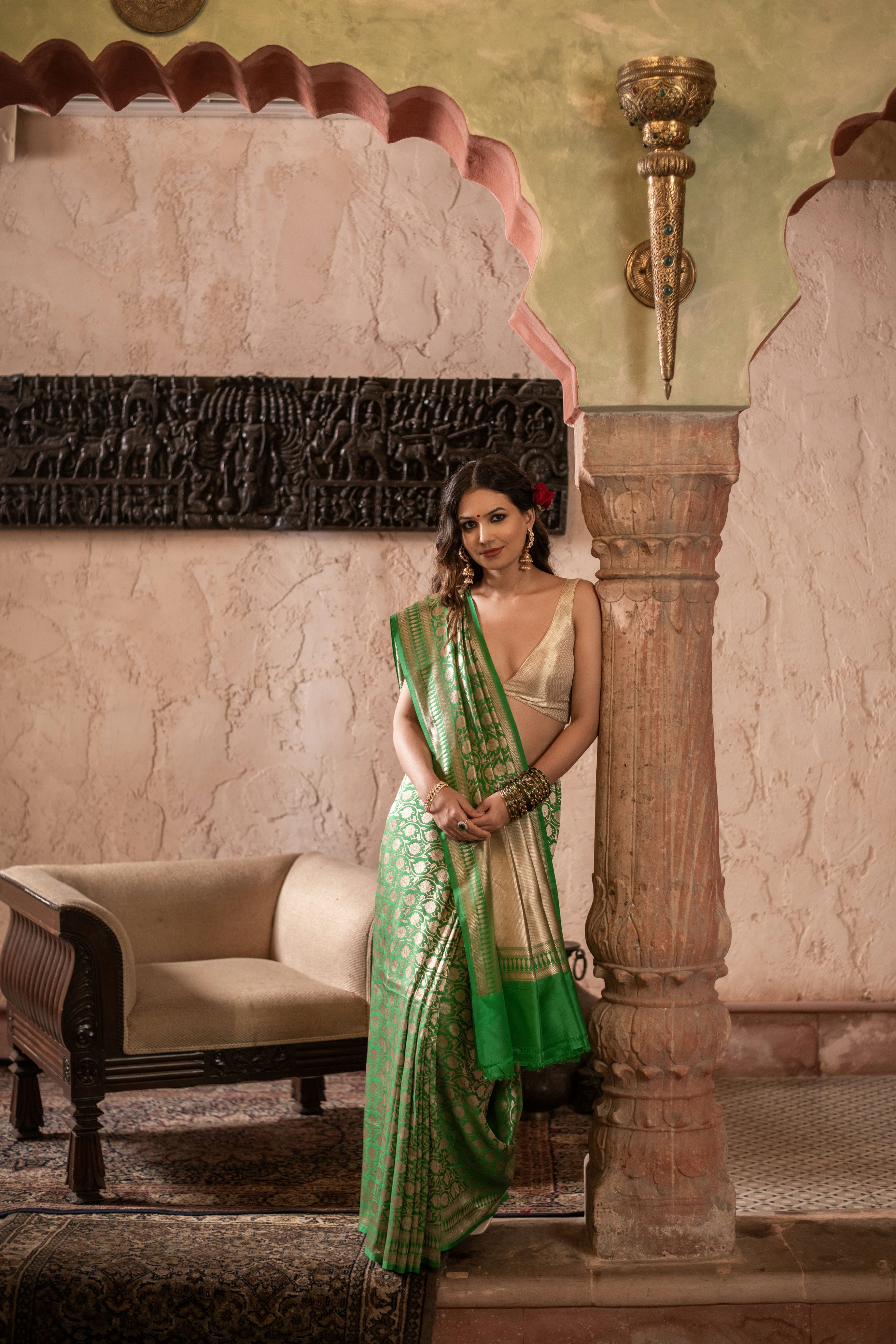 Bright Green Banarasi Silk Saree in Allover Kadwa Weave