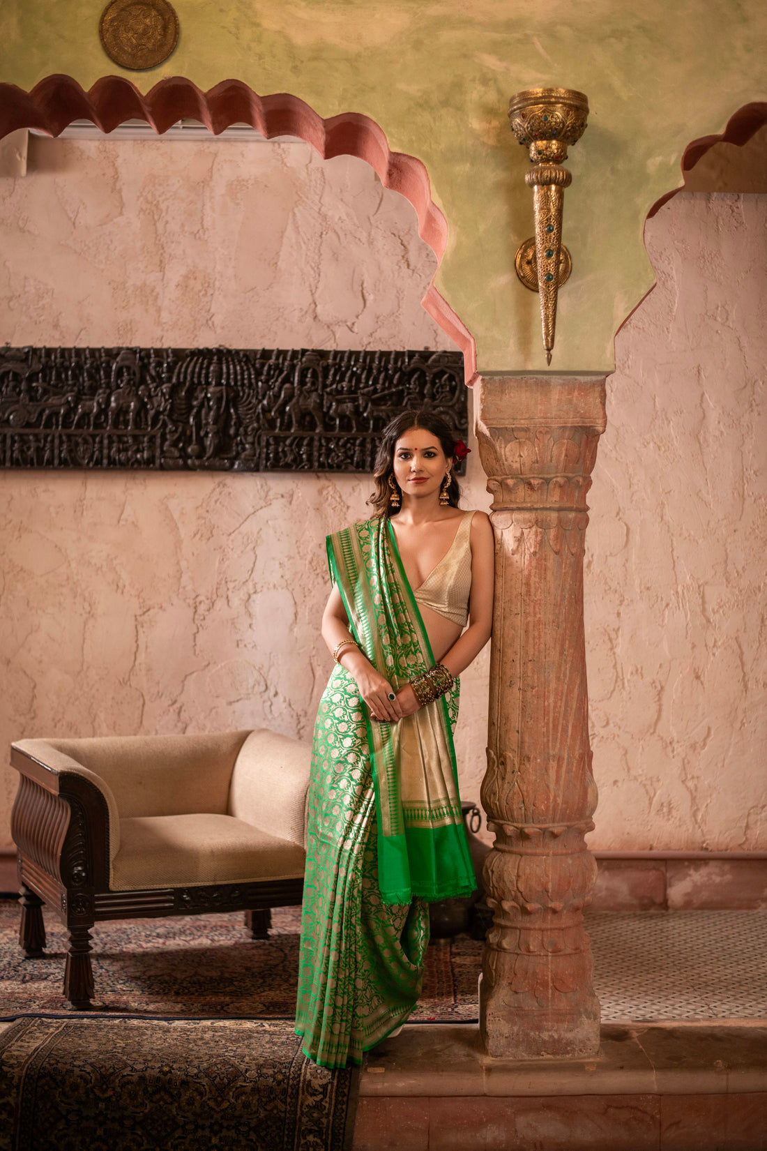 Bright Green Banarasi Silk Saree in Allover Kadwa Weave