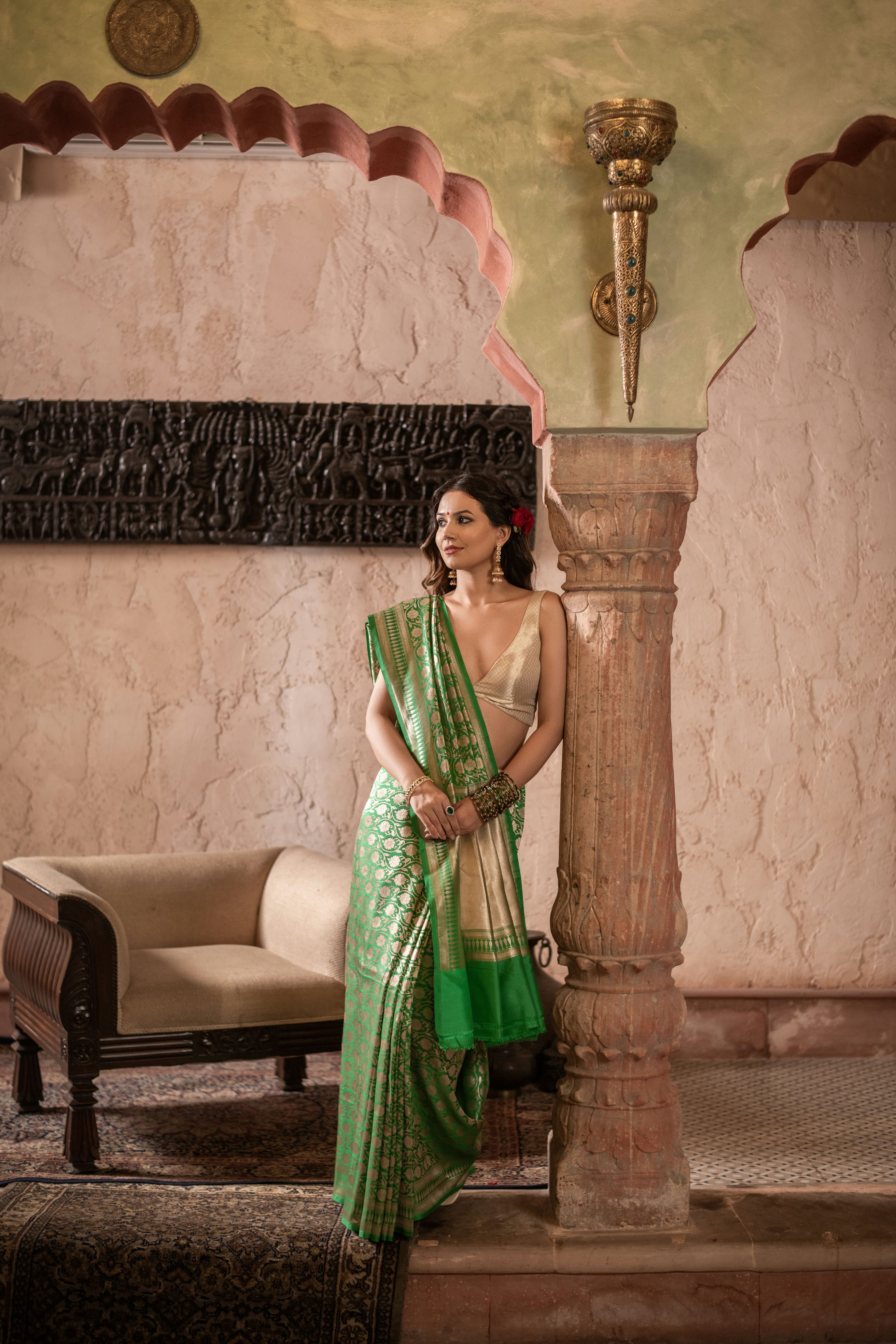 Bright Green Banarasi Silk Saree in Allover Kadwa Weave