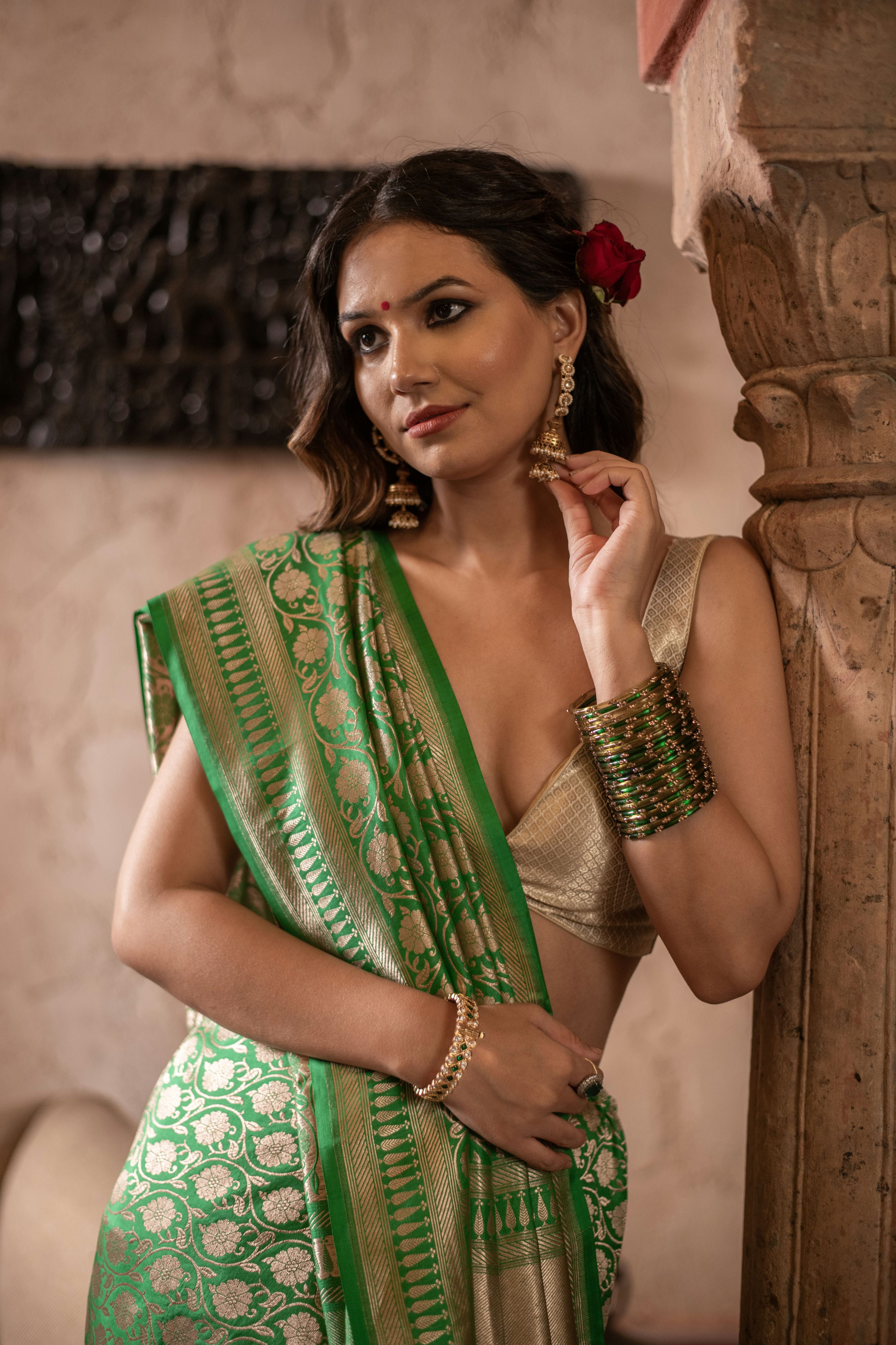 Bright Green Banarasi Silk Saree in Allover Kadwa Weave