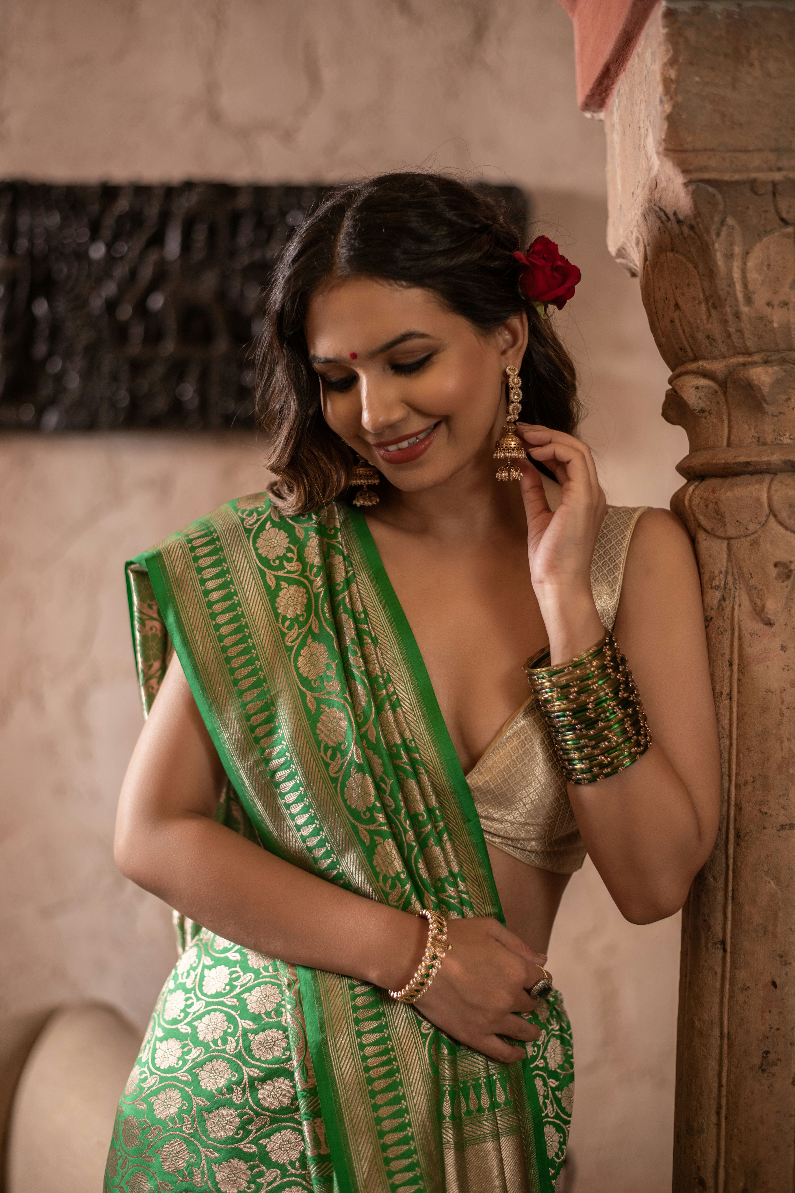 Bright Green Banarasi Silk Saree in Allover Kadwa Weave
