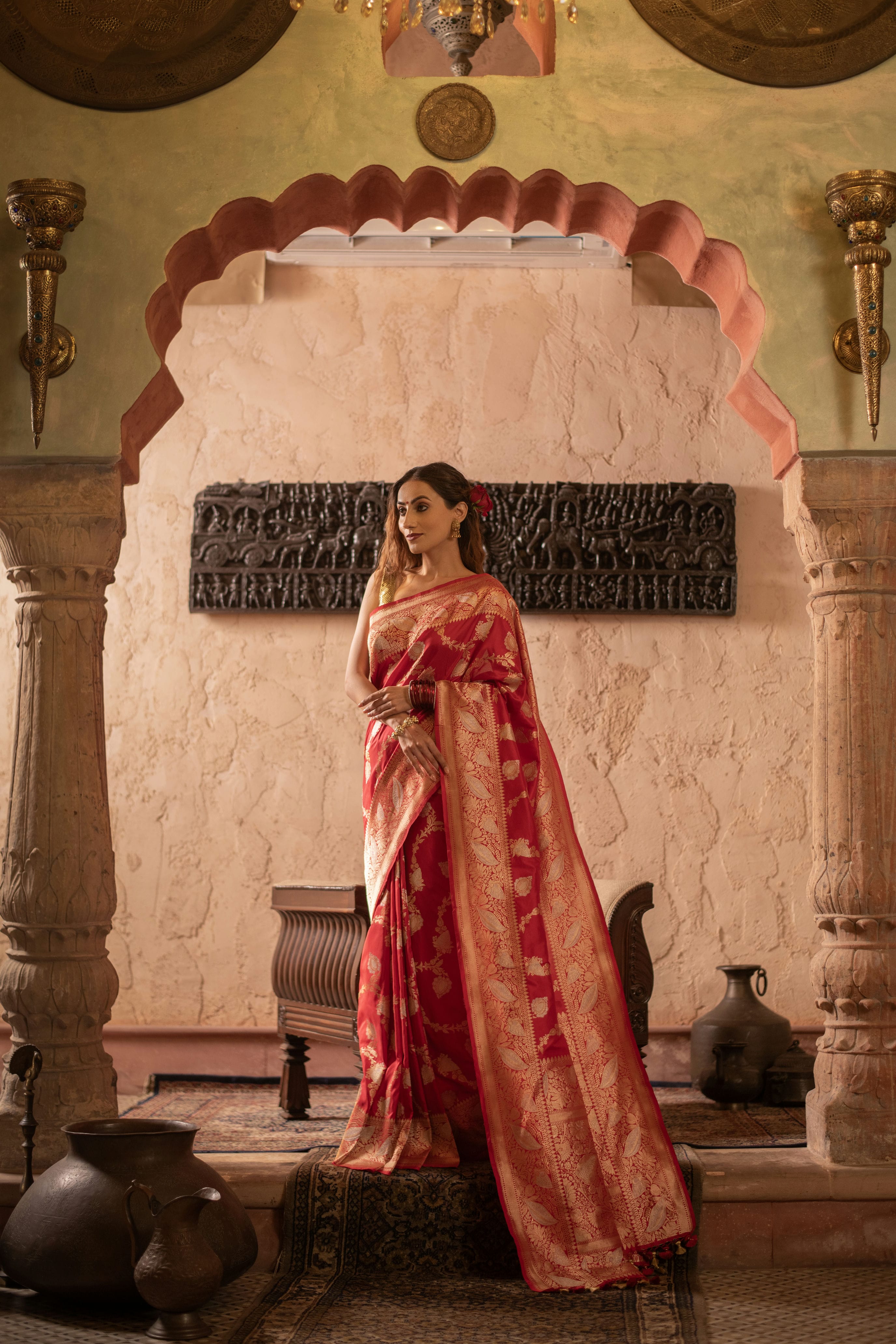Sindoori Red Kadwa Jangla Saree with Meenakari Jaal