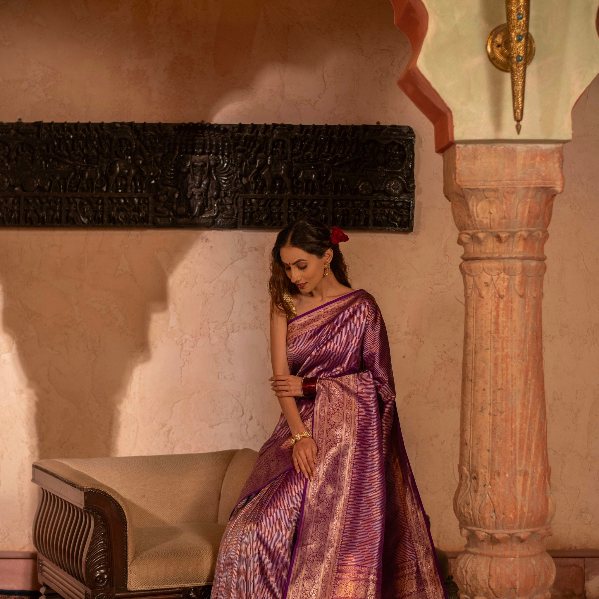 Contemporary Banarasi Silk Saree with Silver-Gold Chevron