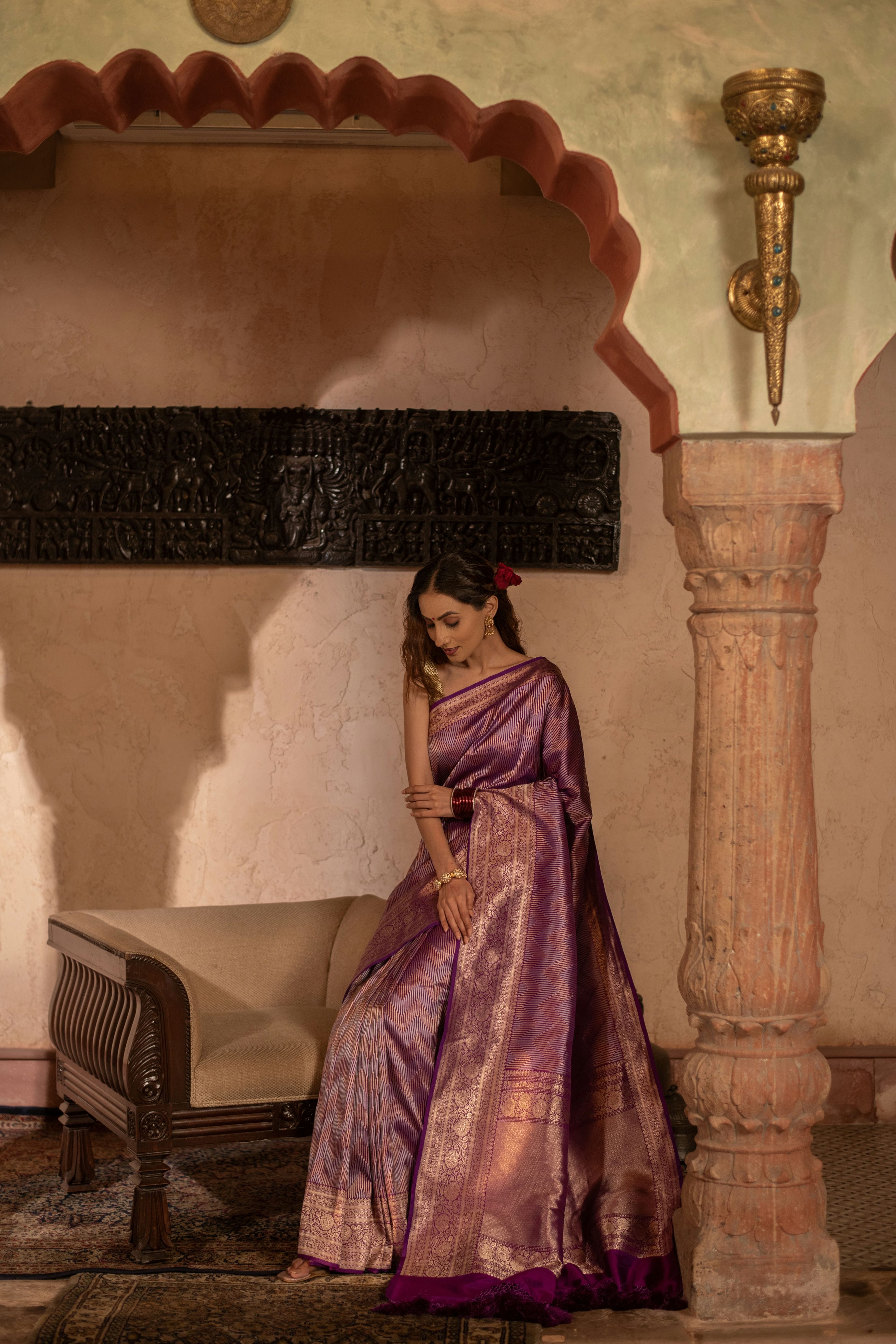 Contemporary Banarasi Silk Saree with Silver-Gold Chevron