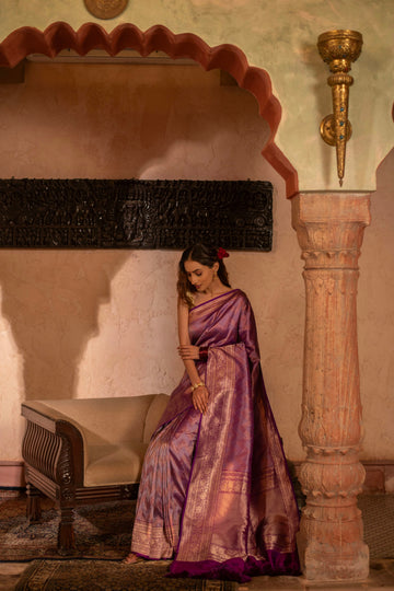 Contemporary Banarasi Silk Saree with Silver-Gold Chevron