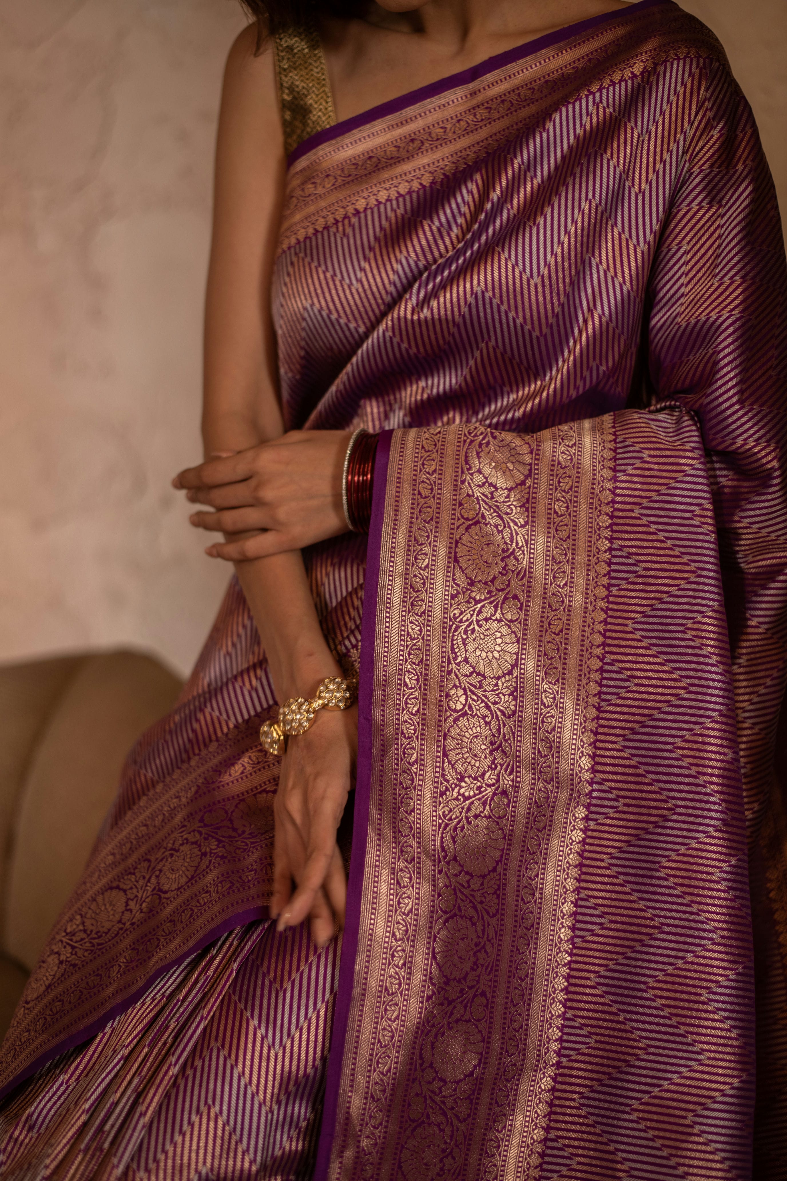 Contemporary Banarasi Silk Saree with Silver-Gold Chevron