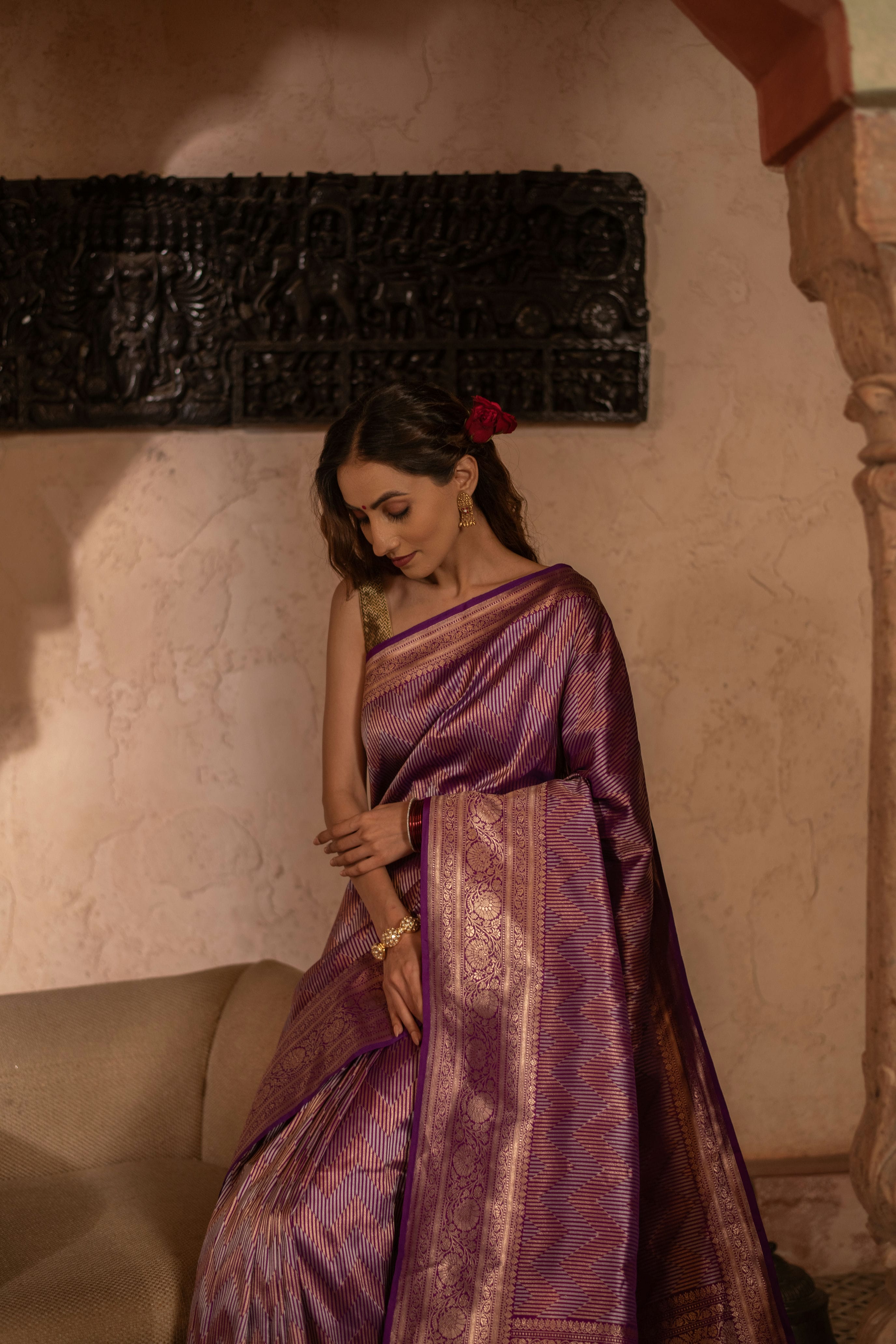 Contemporary Banarasi Silk Saree with Silver-Gold Chevron