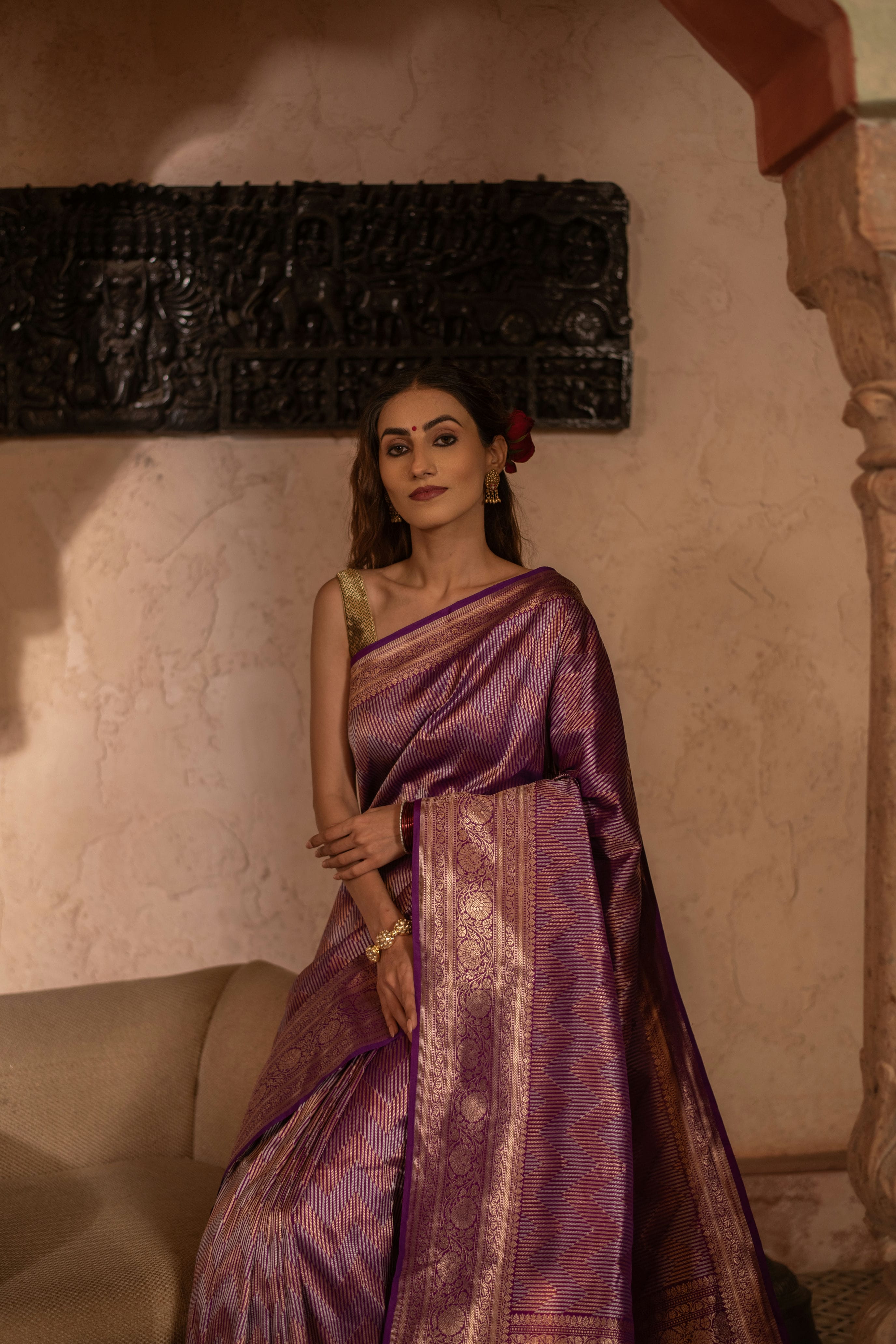 Contemporary Banarasi Silk Saree with Silver-Gold Chevron