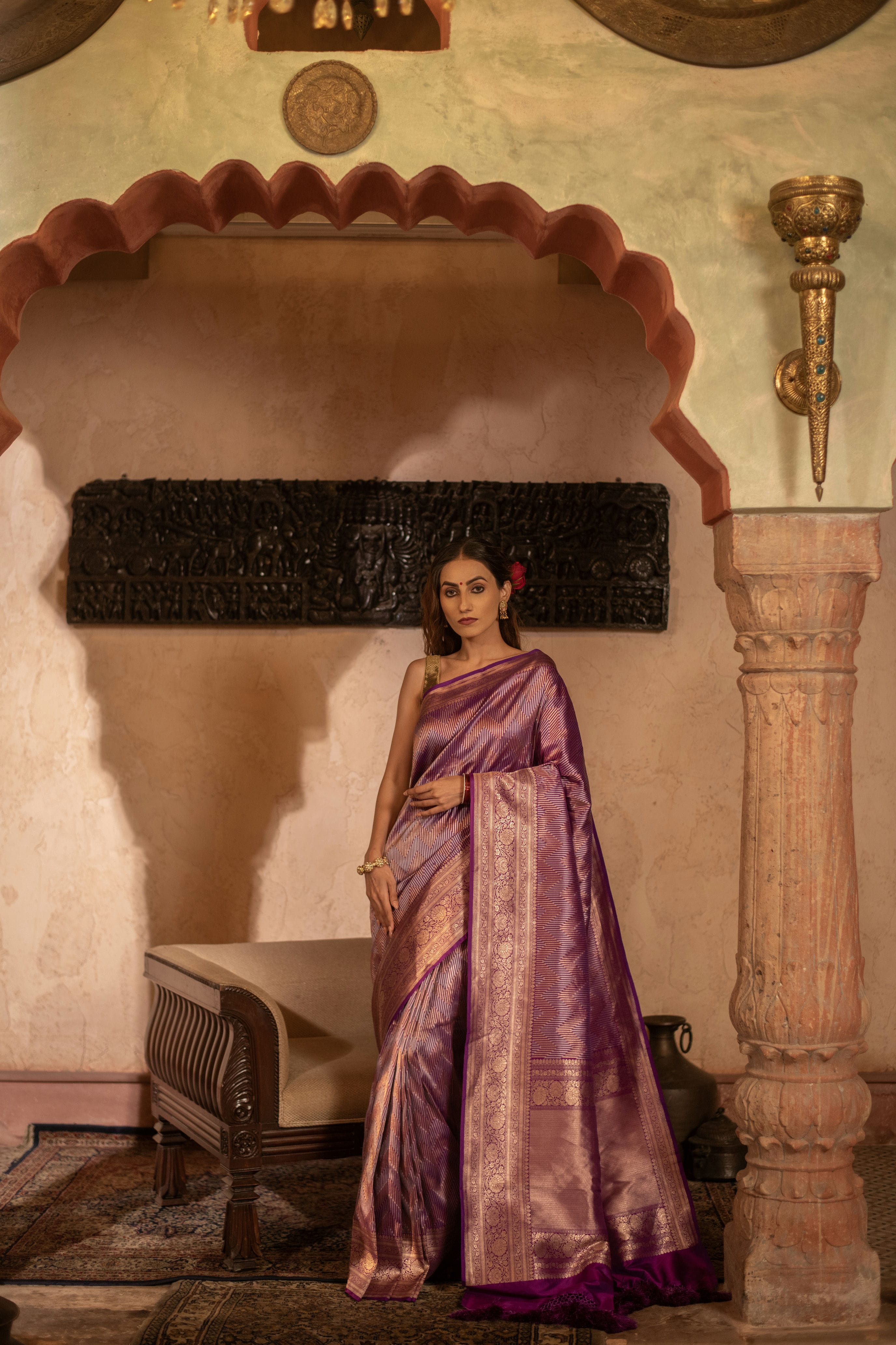 Contemporary Banarasi Silk Saree with Silver-Gold Chevron