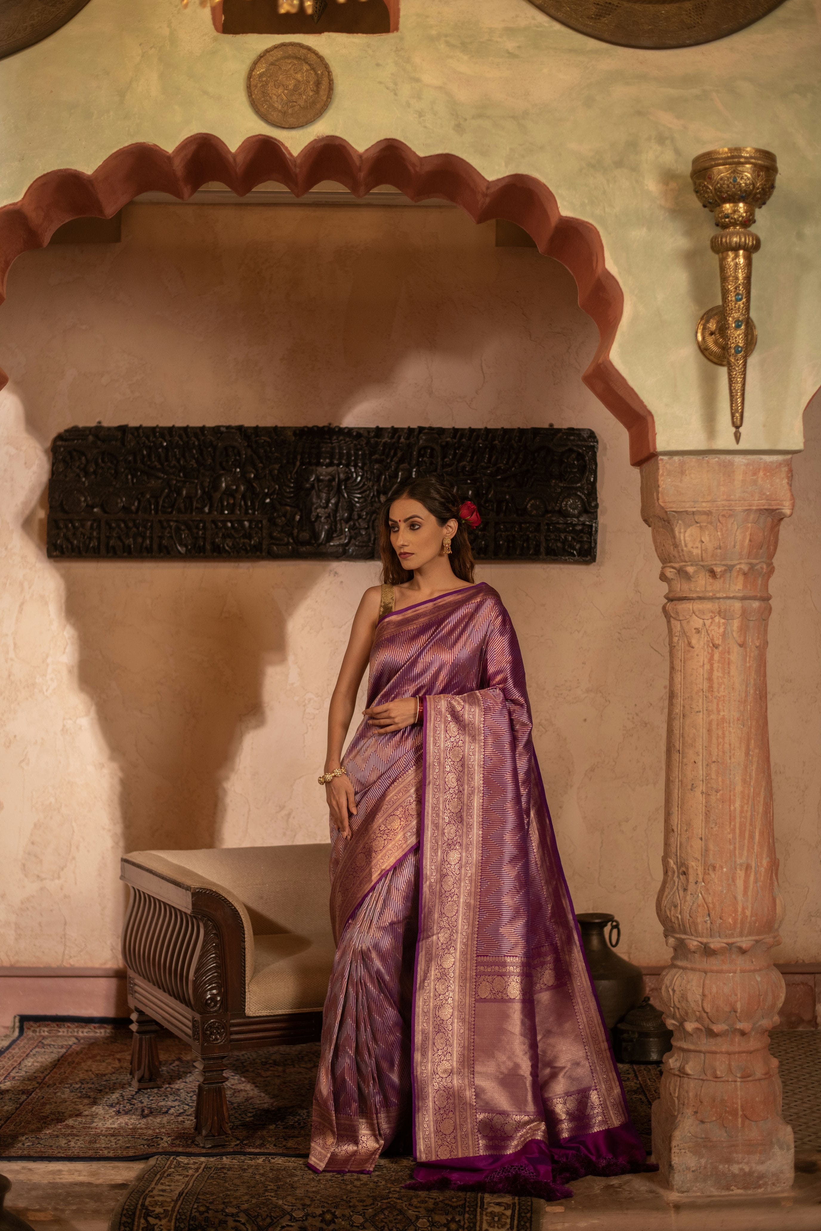 Contemporary Banarasi Silk Saree with Silver-Gold Chevron