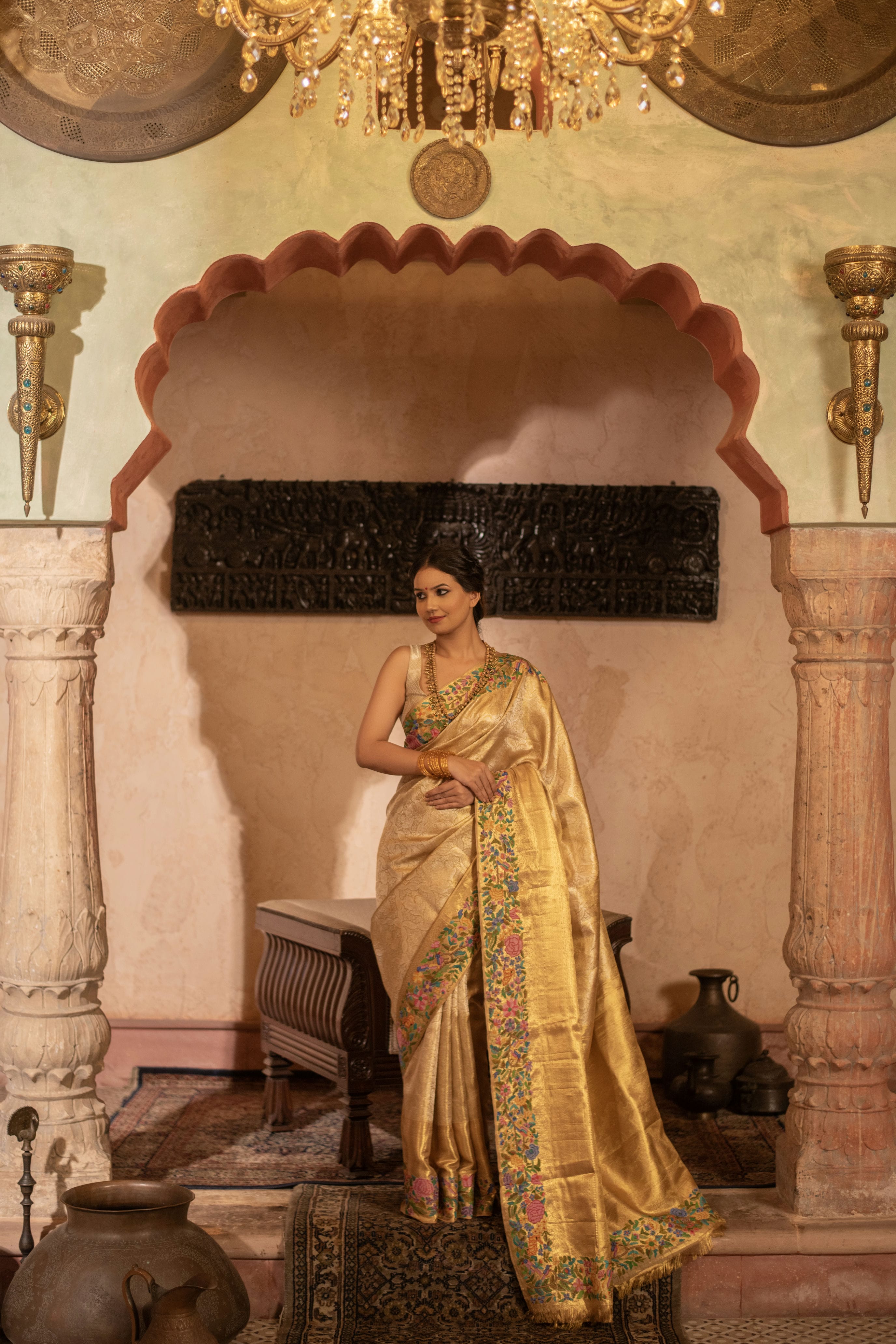 Pure Zari Kanjivaram Fusion Saree with Petite Hand Embroidery