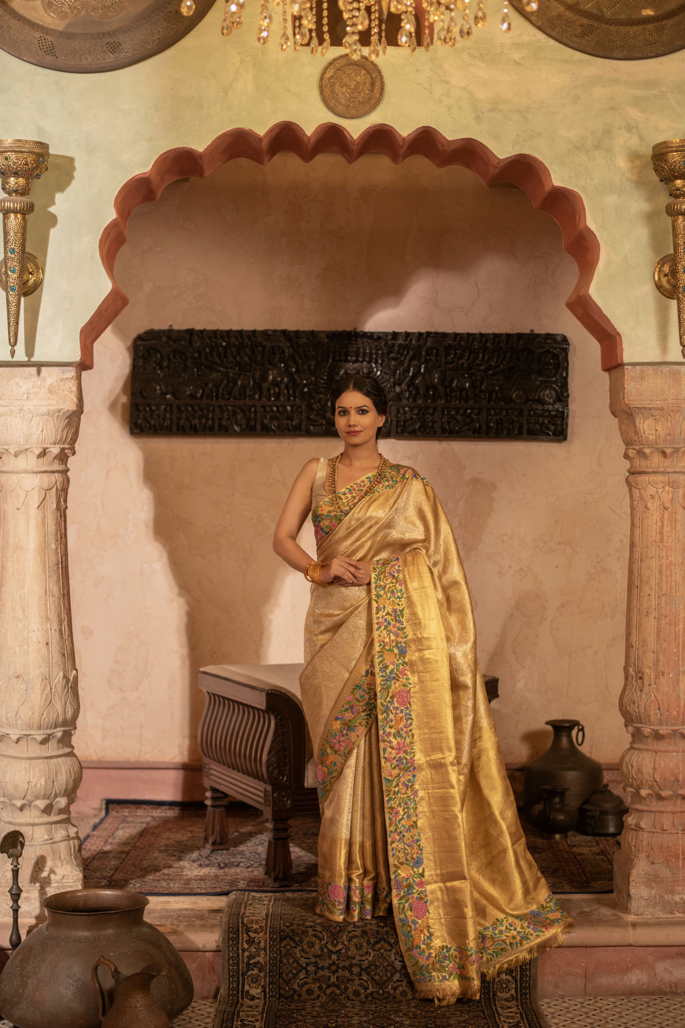 Pure Zari Kanjivaram Fusion Saree with Petite Hand Embroidery