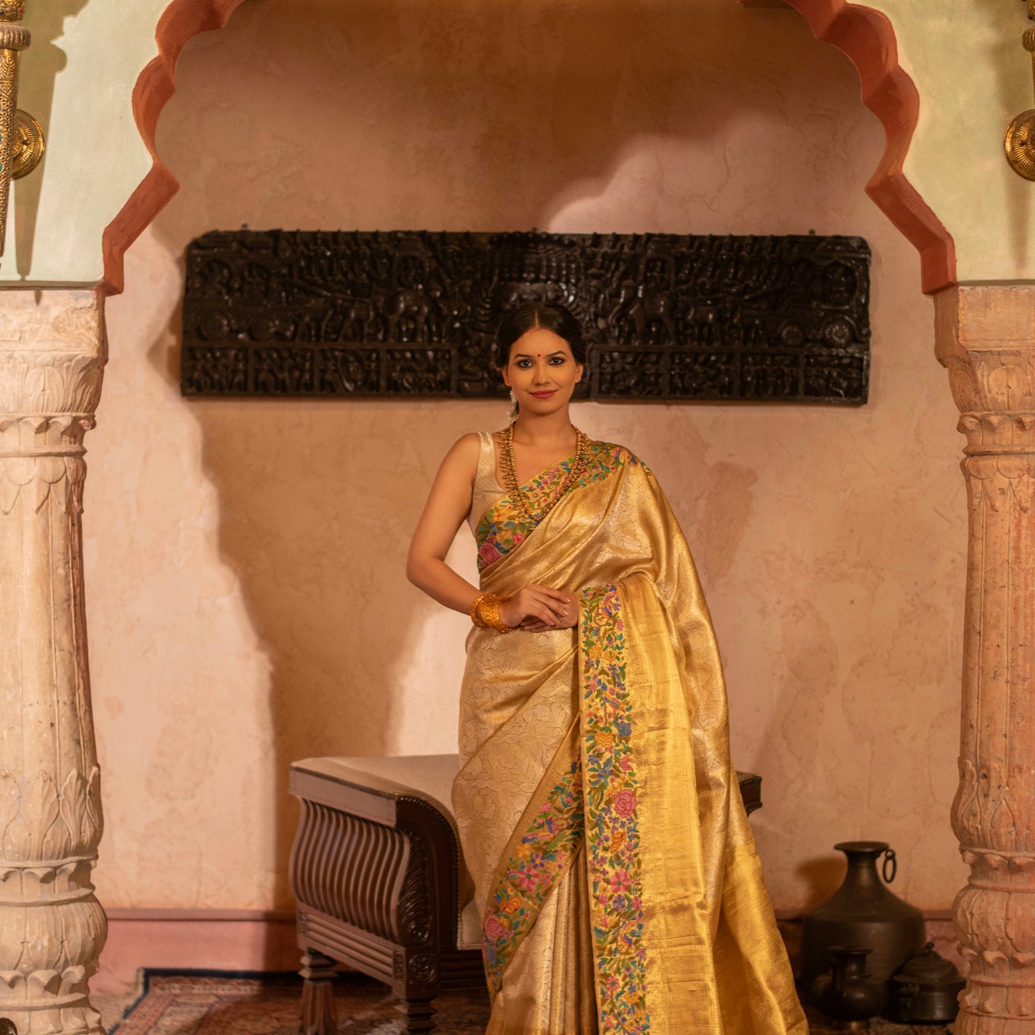 Pure Zari Kanjivaram Fusion Saree with Petite Hand Embroidery