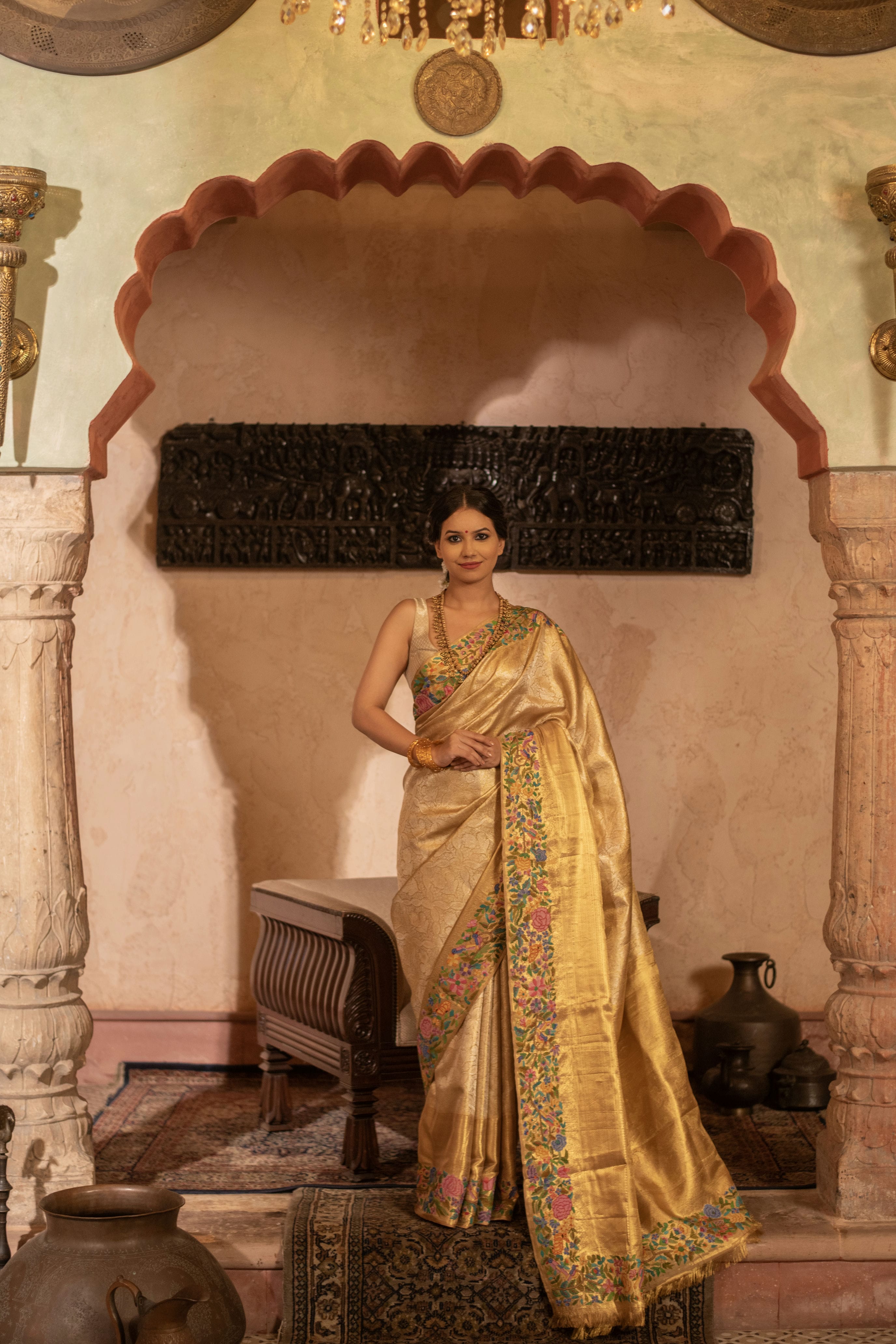 Pure Zari Kanjivaram Fusion Saree with Petite Hand Embroidery